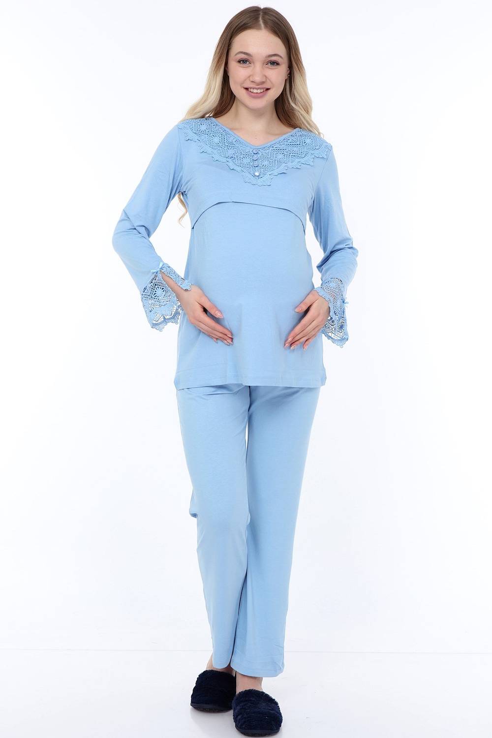 Luvmabelly MYRA9511 - Lacy Buttoned Flap Maternity Pajamas Set - Blue