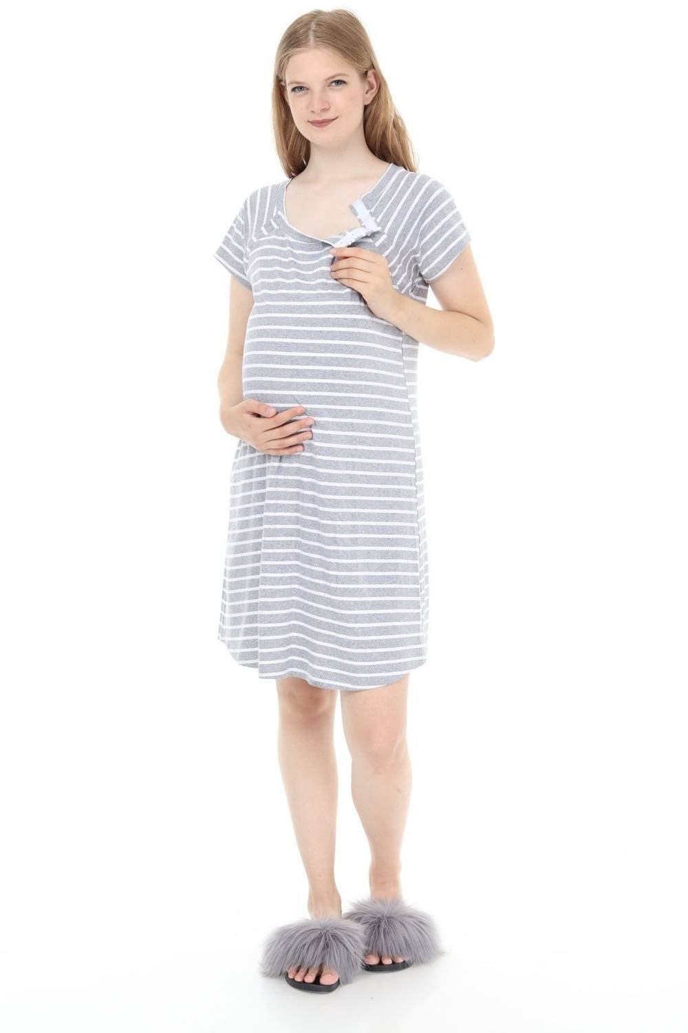 Luvmabelly MYRA9580 Side Snap Maternity Nightgown - Gray Striped