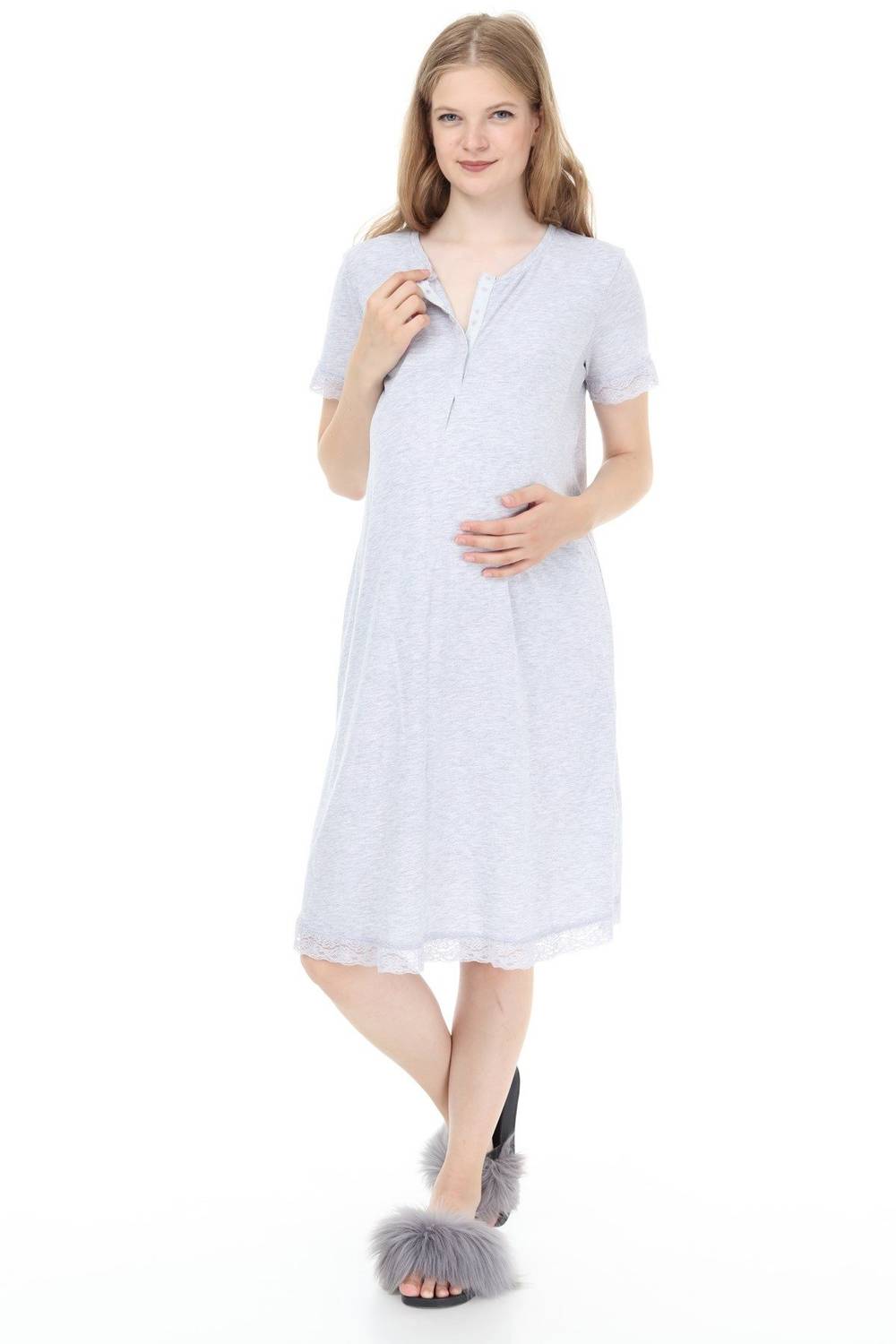 Luvmabelly MYRA9590 Lacy Maternity Nightgown with Snap Snaps - Gray