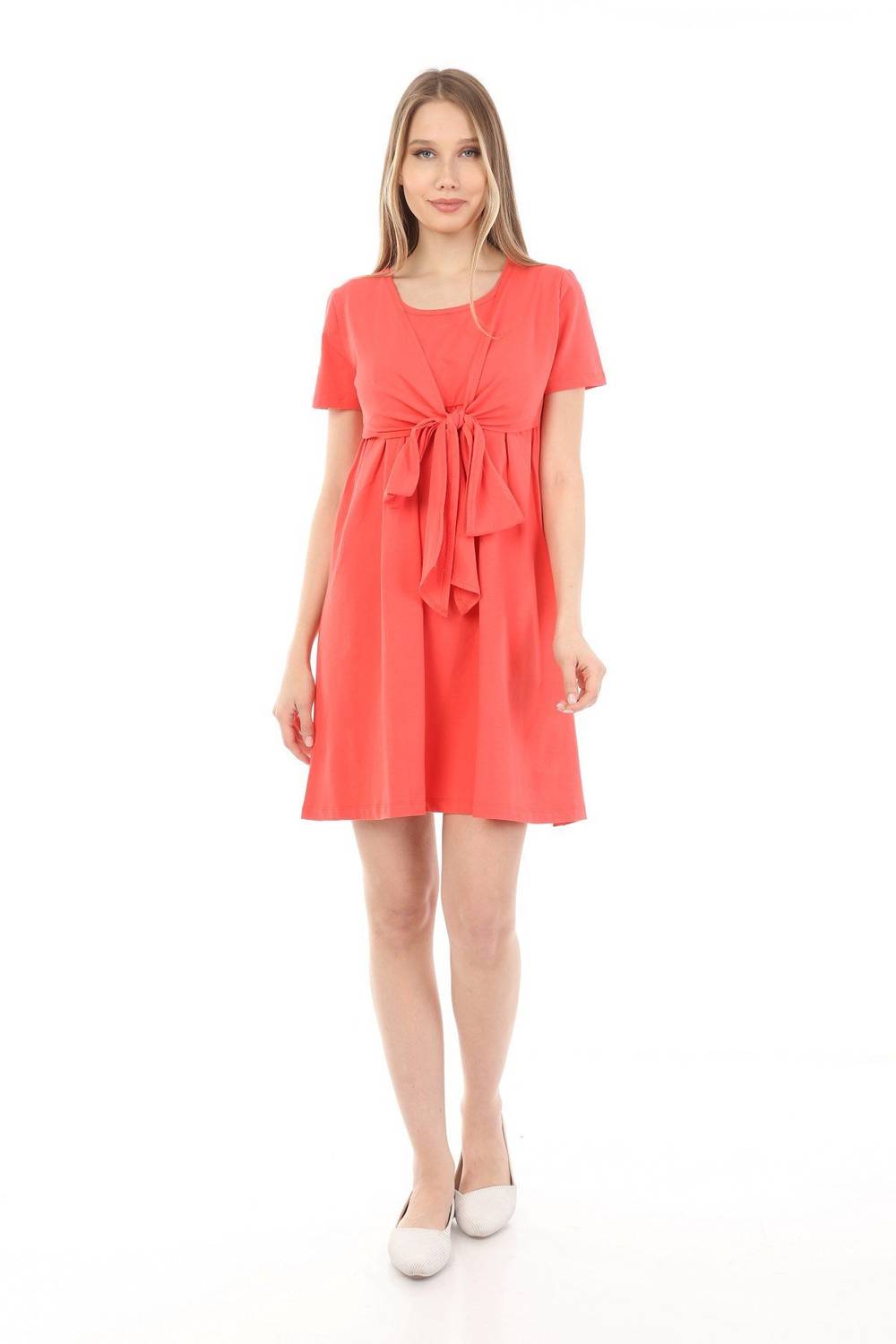 Luvmabelly MYRA5702 Elegant Breastfeeding Dress with Bow -Salmon