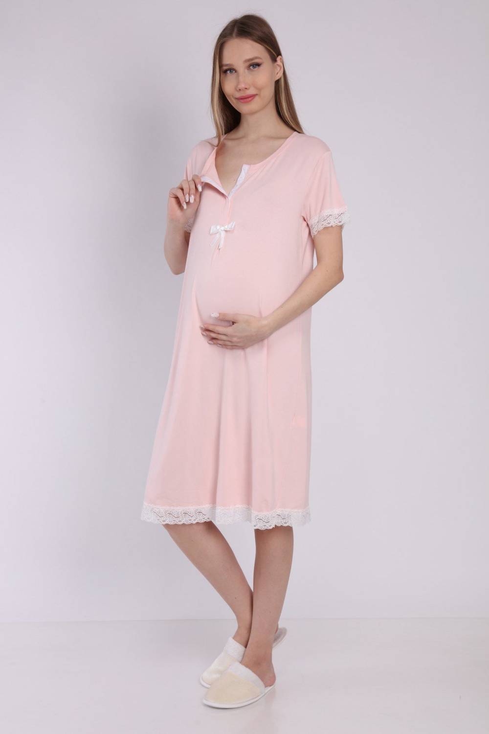Luvmabelly MYRA9592 Lacy Maternity Nightgown with Snap-On Front -Pink