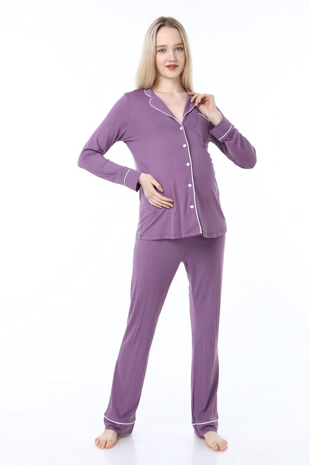 Піжама для вагітних Luvmabelly MYRA9552 з гудзиками, регульованим поясом, м’який матеріал, фіолетовий, доступна в S, M, L, XL