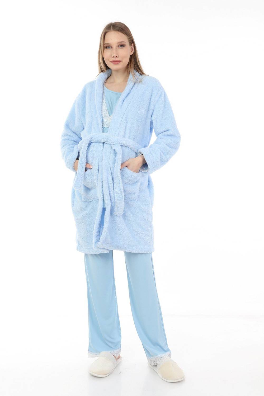 Luvmabelly MYRA9701 طقم بيجاما للحوامل قطيفة - أزرق