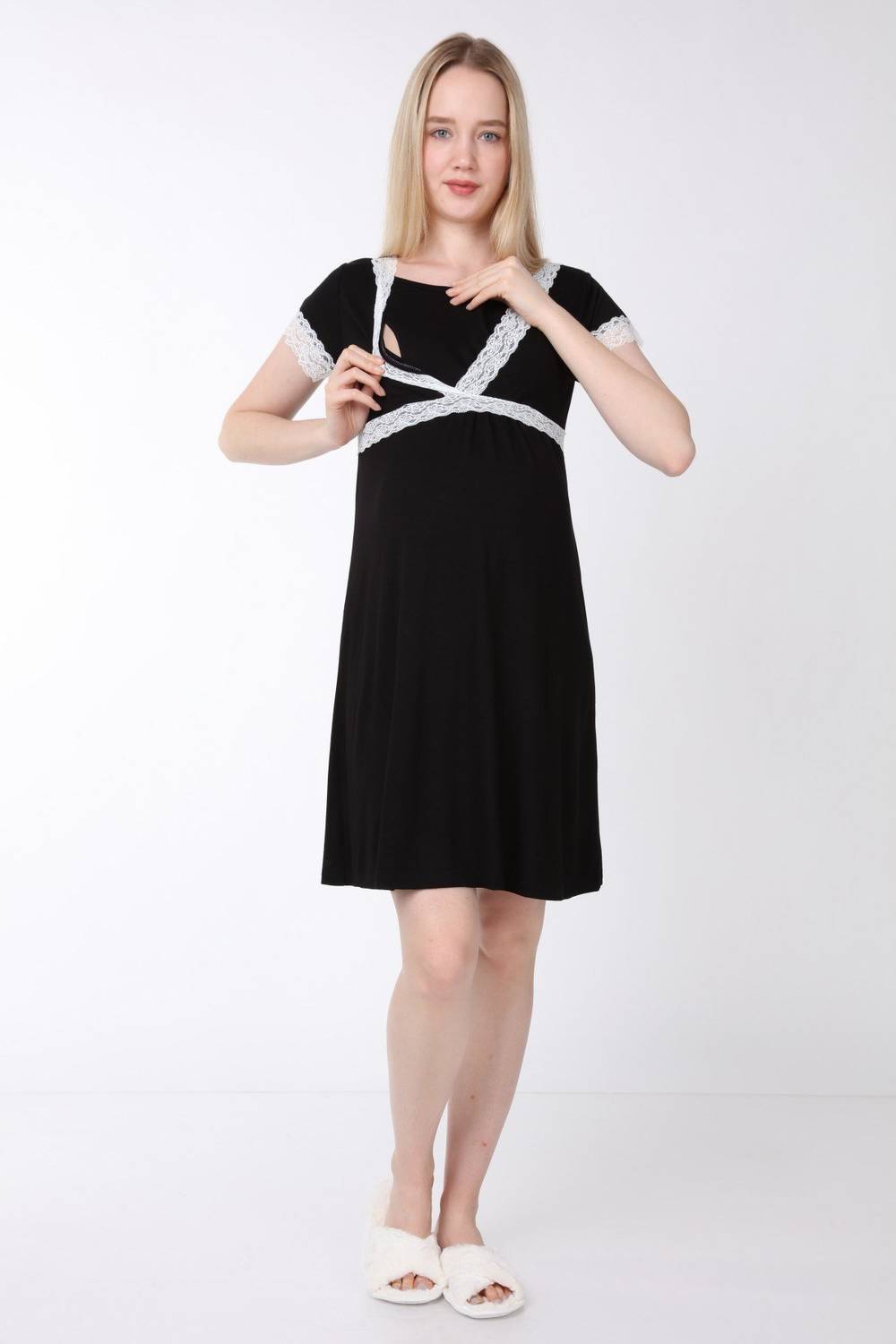 Luvmabelly MYRA9682 Front Split Lace Maternity Nightgown -Black