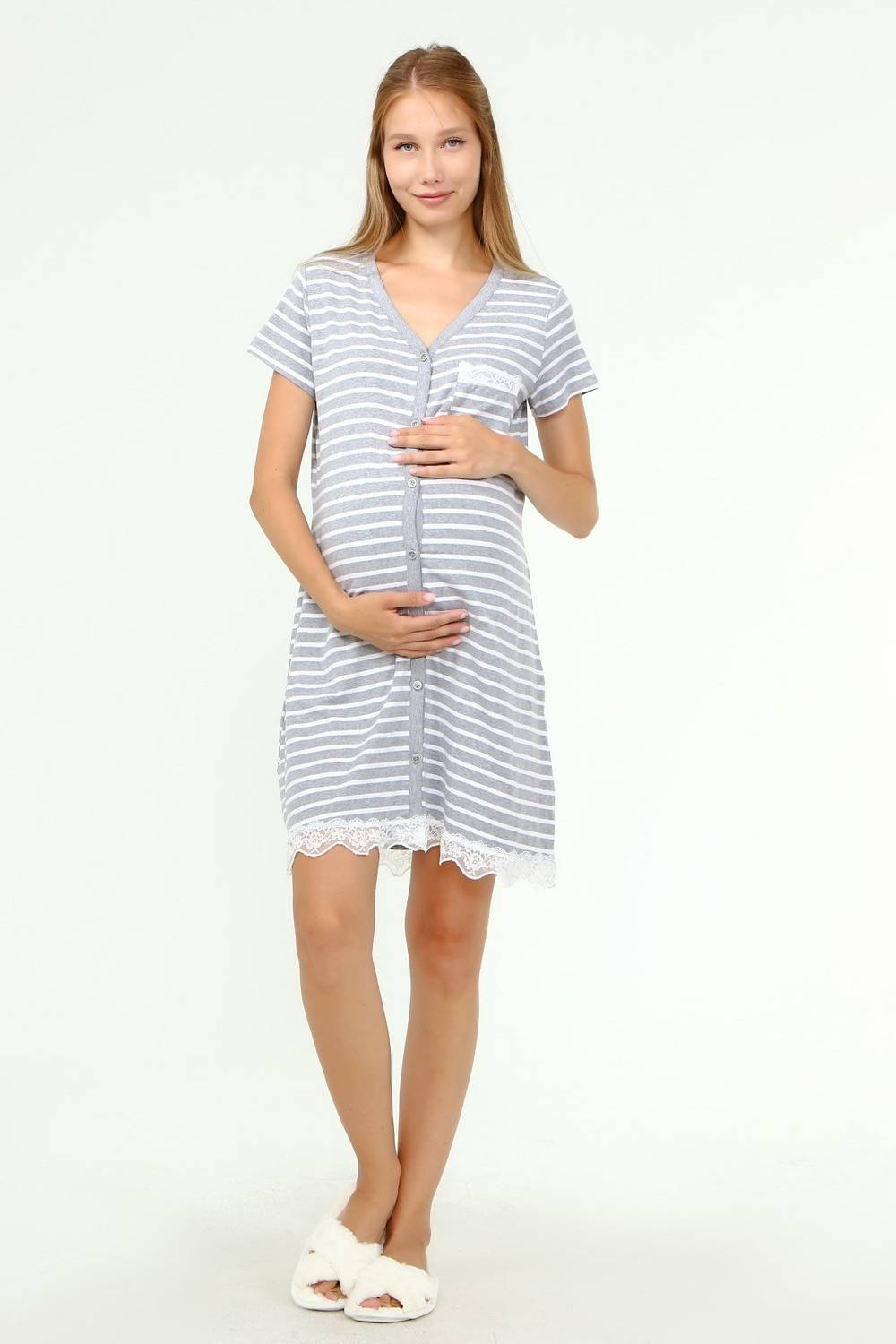 Luvmabelly MYRA9720 - Buttoned Lacy Maternity Nightgown with Pocket -Striped Gray