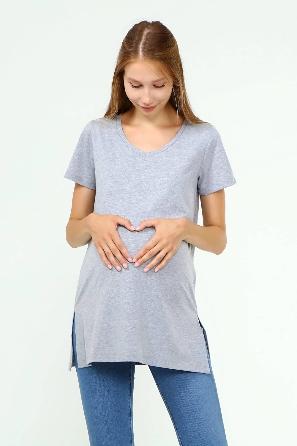 Luvmabelly MYRA2044 - Женская футболка для беременных с V-вырезом серого цвета, мягкая, удобная, способствует комфорту на протяжении беременности