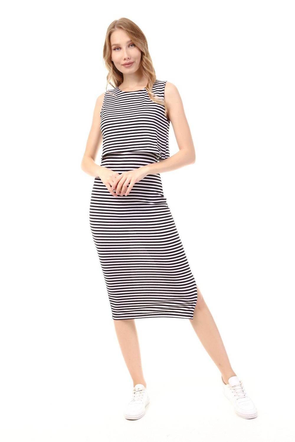 Luvmabelly MYRA5552 - Breastfeeding Dress Sleeveless Slit Striped - Black