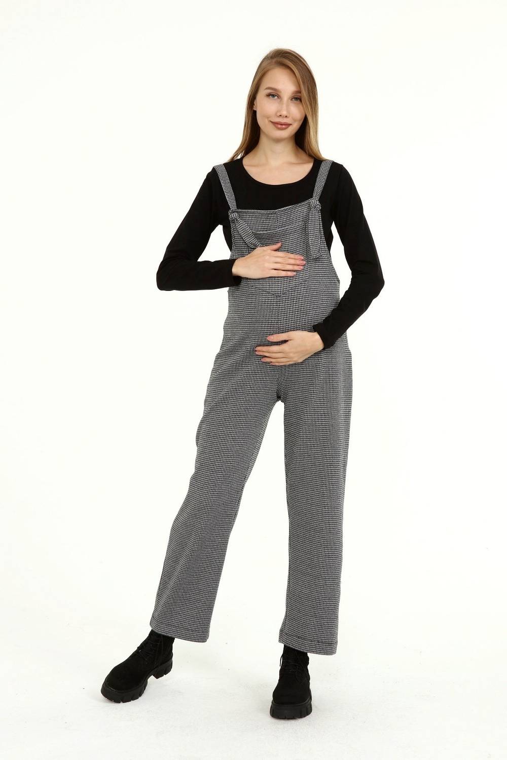 Luvmabelly MYRA6150 Длинный зимний комбинезон в клетку для беременных - Серый, мягкая ткань, удобная посадка, рекомендуемый размер на один больше