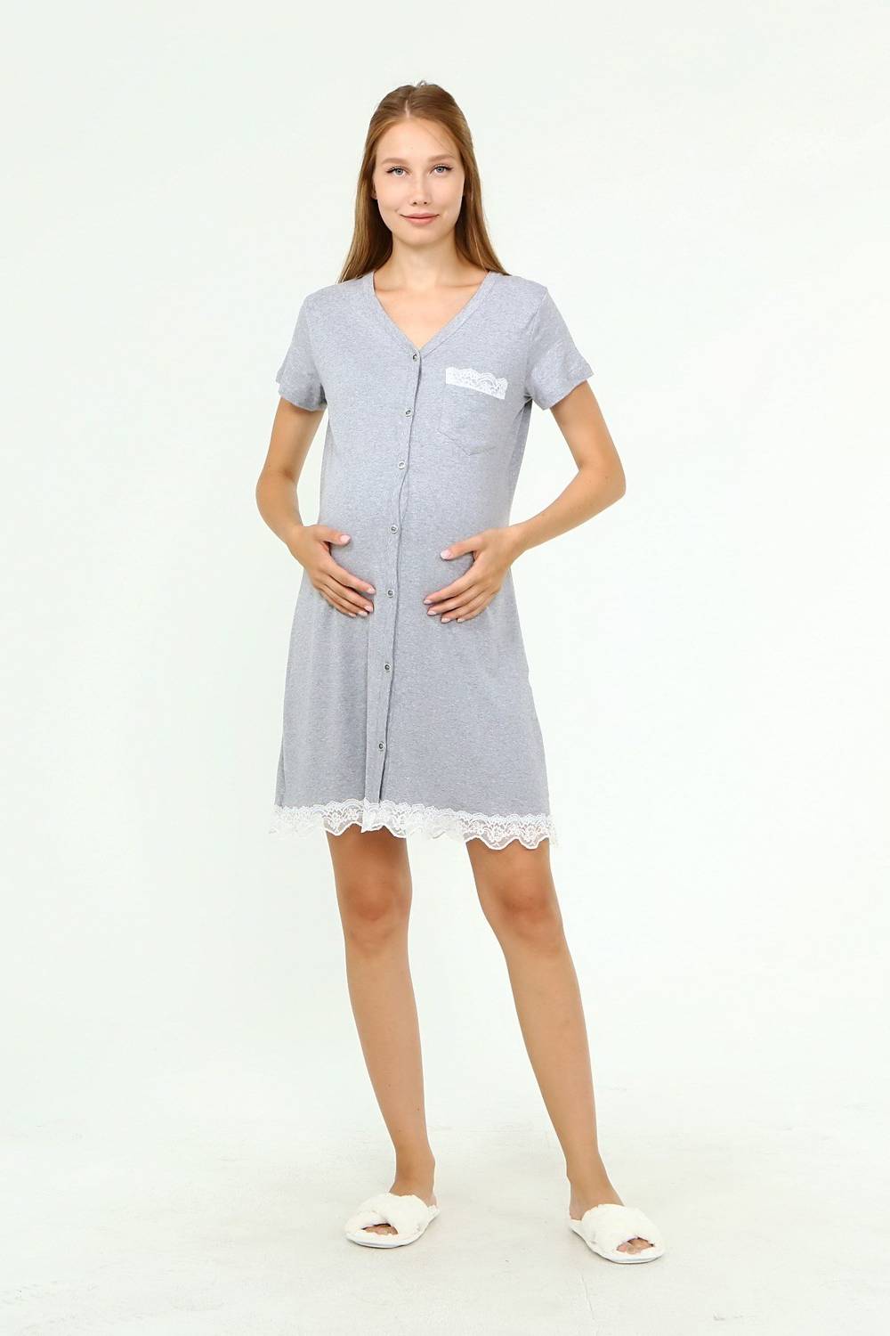 Luvmabelly MYRA9721 - Buttoned Lacy Maternity Nightgown with Pocket - Gray