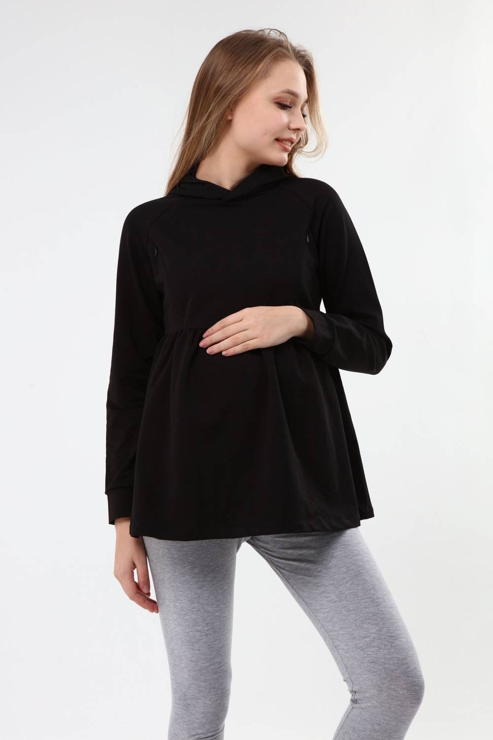 Luvmabelly MYRA4531 Shirred Zipper Breastfeeding Sweatshirt -Black
