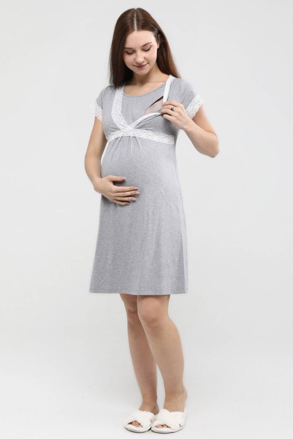 Беременный ночнушка Luvmabelly MYRA9686 с кружевом и удобным дизайном для кормления - Серый