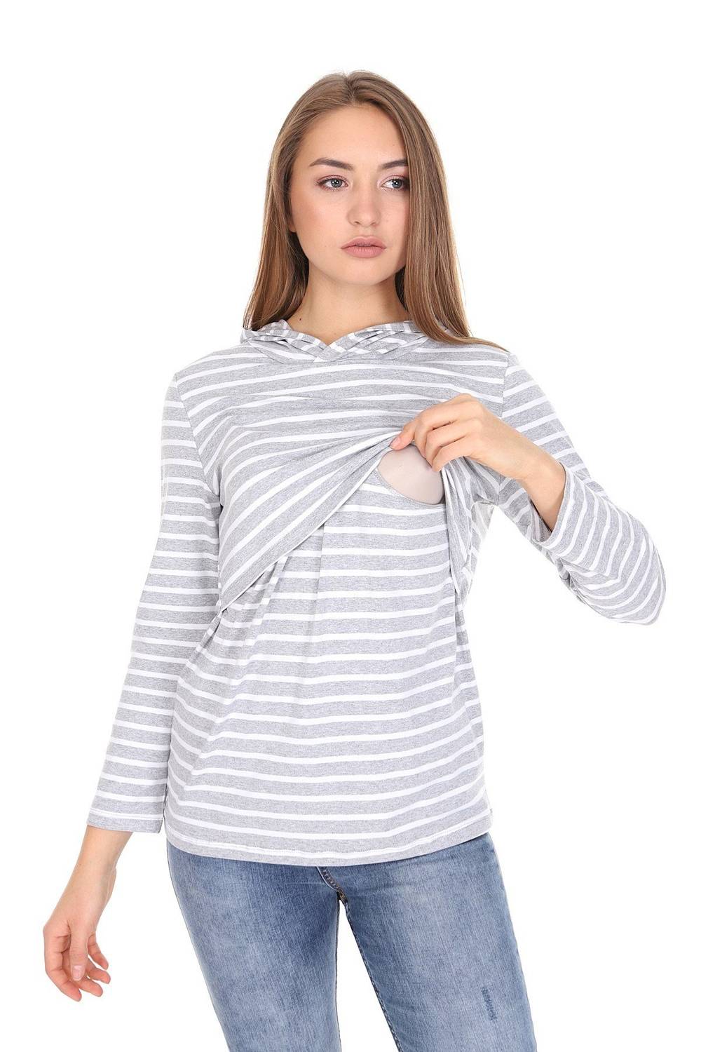 LuvmaBelly MYRA3521 Gray Striped Hooded Breastfeeding Sweatshirt