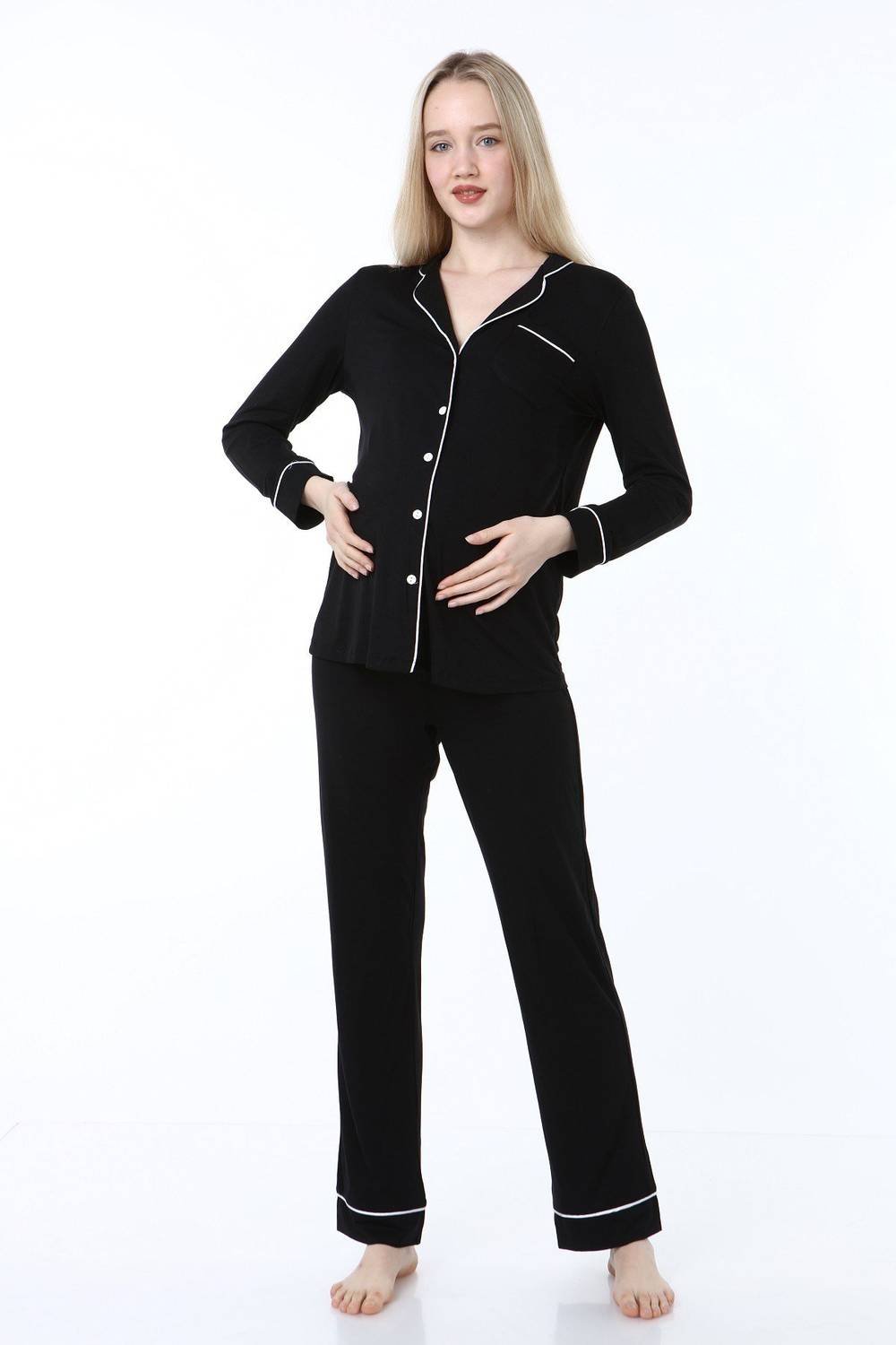 Пижамний комплект для вагітних Luvmabelly MYRA9550 з кнопками, чорний, вільний крій, регульований пояс, м'яка тканина, рекомендовано на розмір більше
