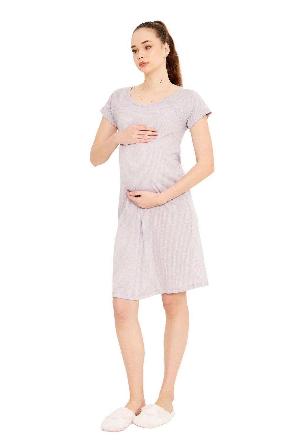 Luvmabelly MYRA9585 Yandan Çıt Çıtlı Hamile Geceliği - Mor Çizgili