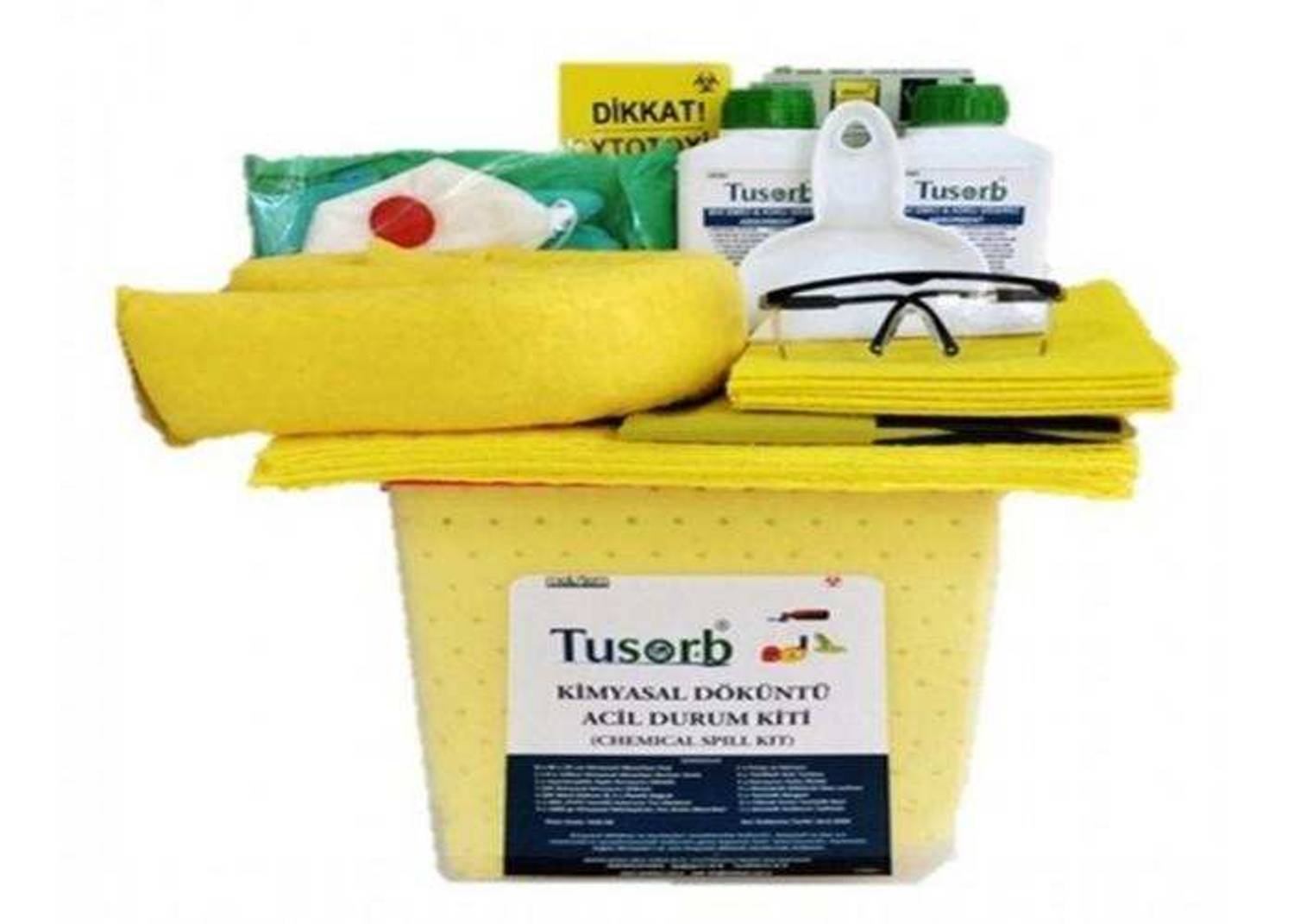 Набір для екстрених ситуацій з хімічними витоками в пластиковому футлярі з засобами захисту та абсорбентами для ліквідації небезпечних витоків