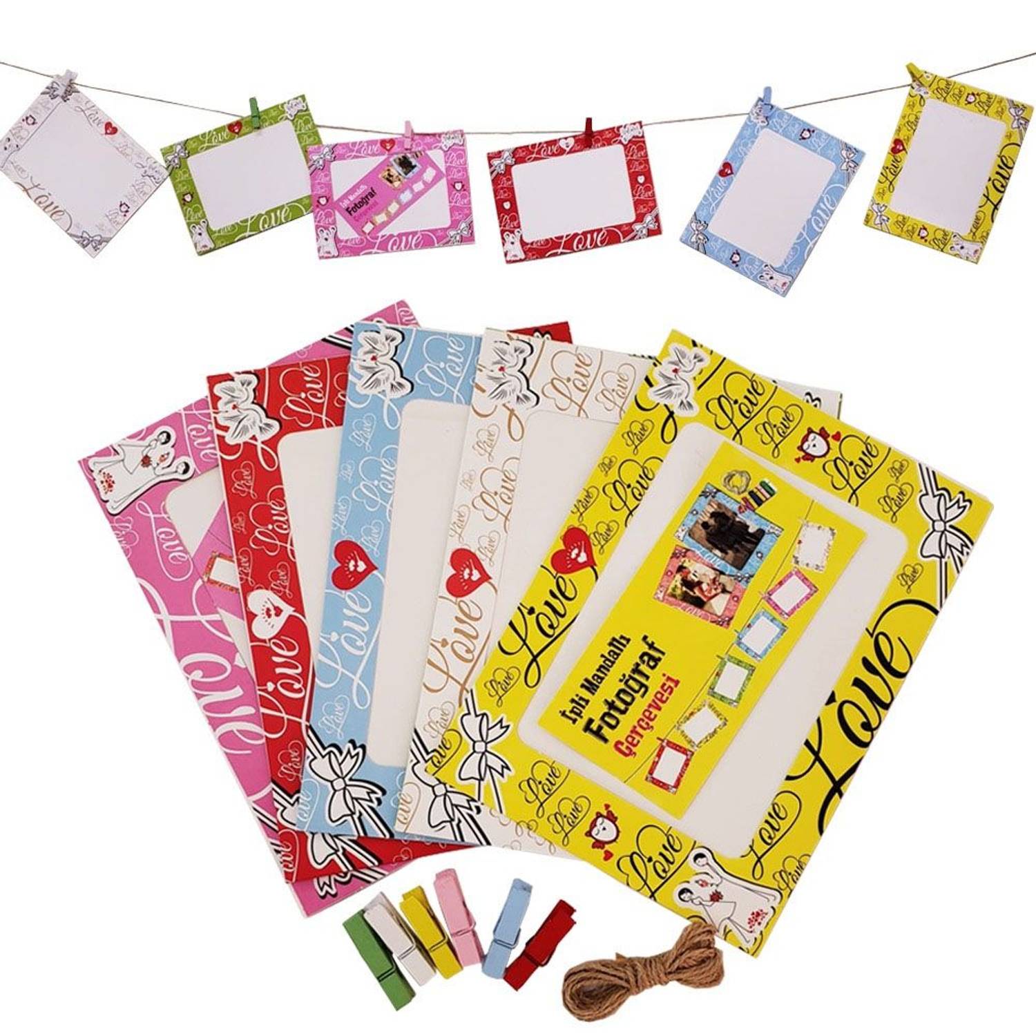 Альбом на мотузці, упаковка з 6 рамок, 6 кольорових міні-кліпс, 1 плетений шнур, висота 13 см, ширина 18 см