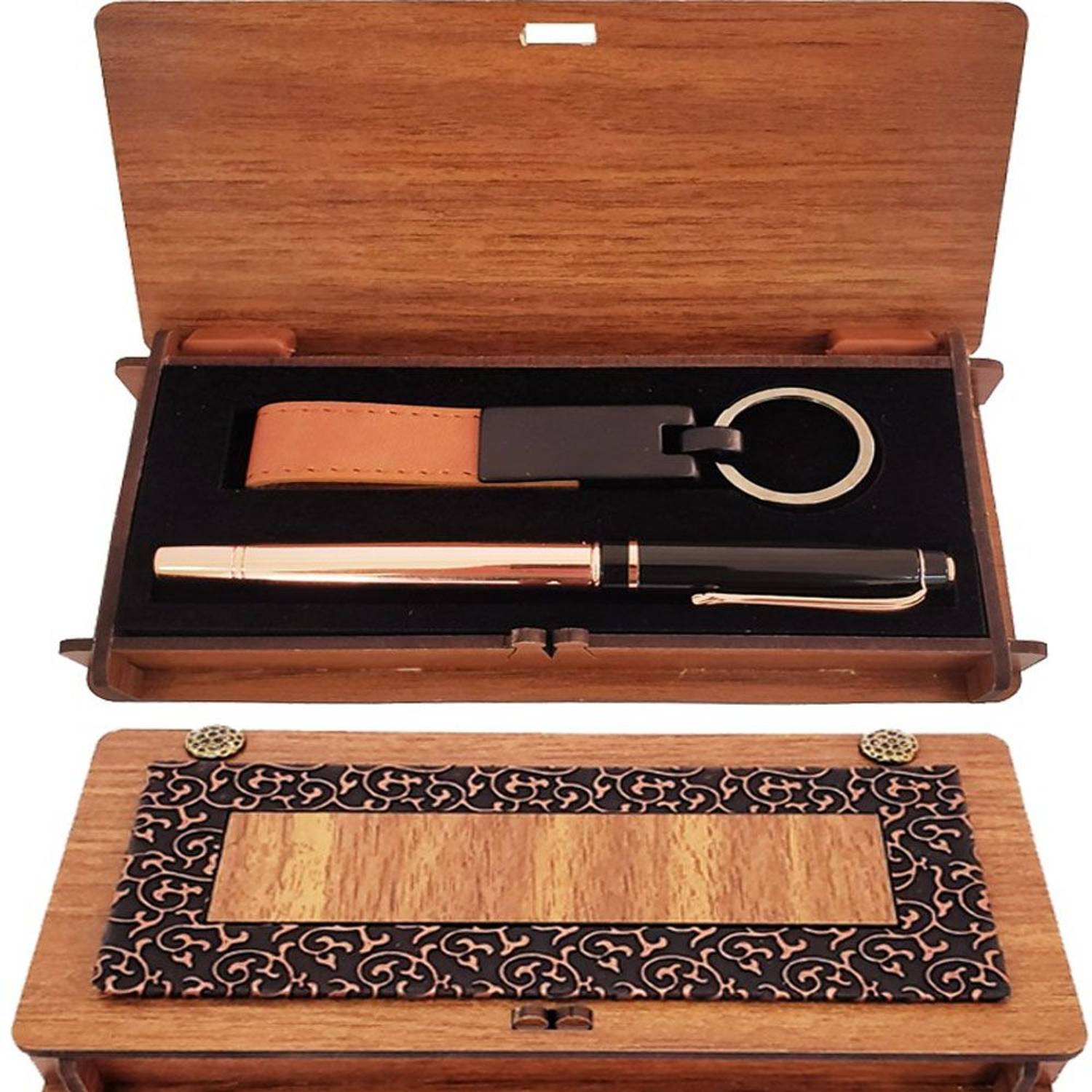 Набор из деревянной коробки с медным роллером и ключницой из высококачественной кожи и металла