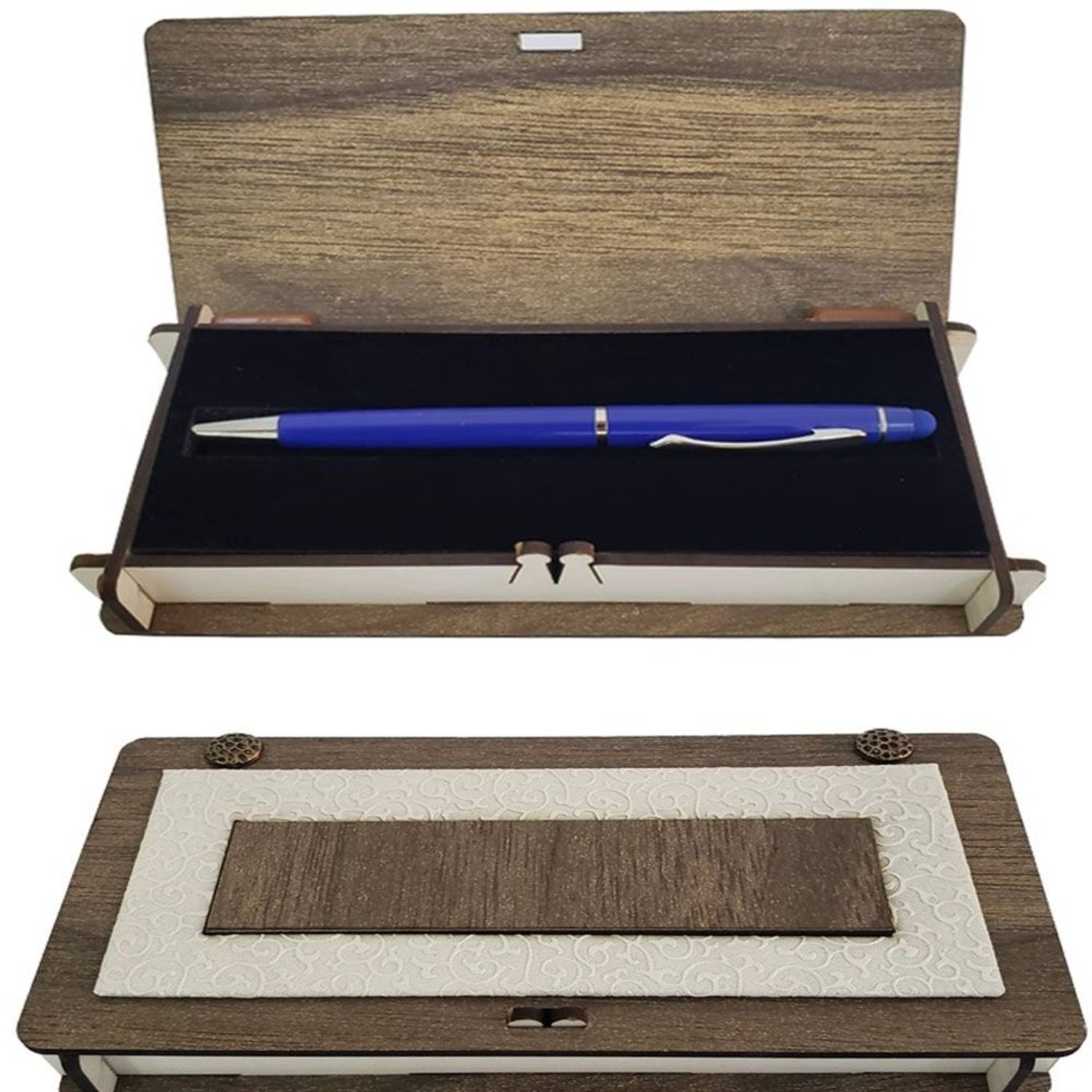 قلم معدني أزرق مع علبة جلدية وخشبية، قابلة للمس ومتوافقة مع جميع الأجهزة اللمسية