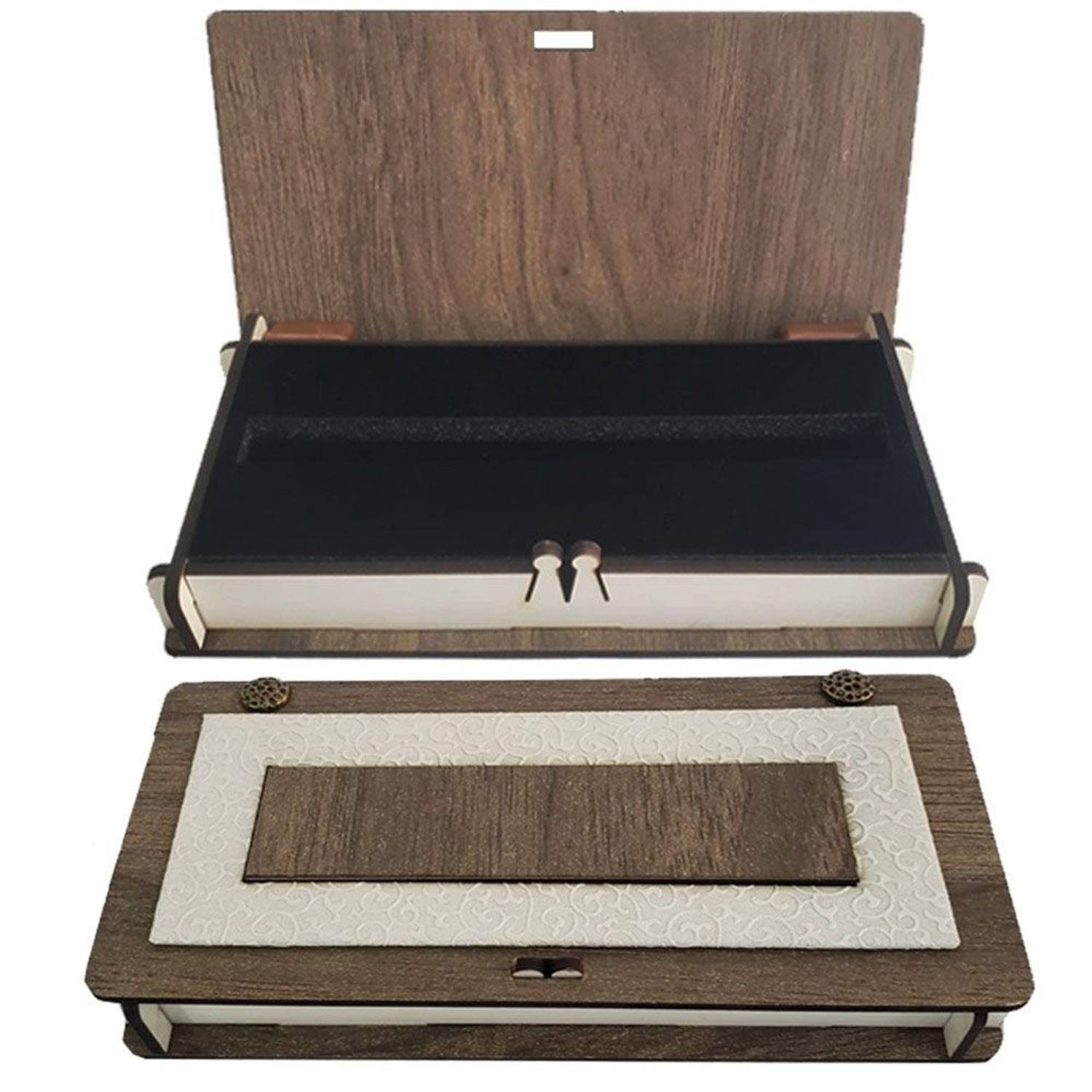 علبة أقلام فائقة الفخامة مصنوعة من الخشب مع ببطانة إسفنجية بتصميم عصري وأنيق بتفاصيل جلدية 17 سم × 8.5 سم × 3 سم