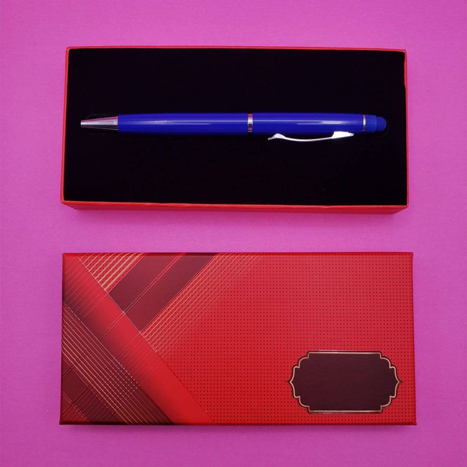 Синий шариковая ручка с металлическим корпусом и тачпеном, в картонной упаковке, персонализируемый подарок, размеры: 14 см x 1.5 см