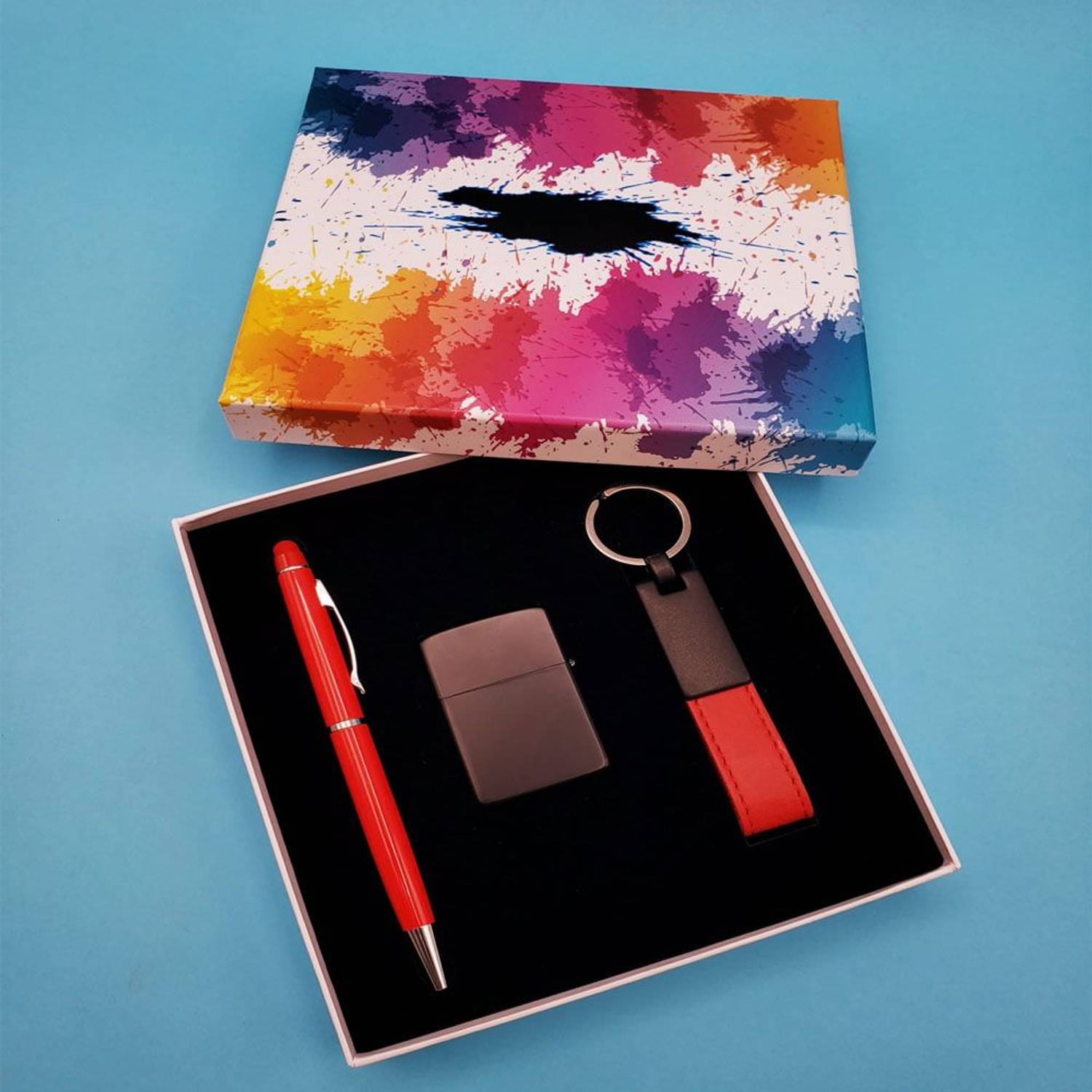 طقم مشعل ومفتاح أحمر مع قلم لمسي معدني ومفتاح جلد عالي الجودة ومشعل معدني بأبعاد مثالية