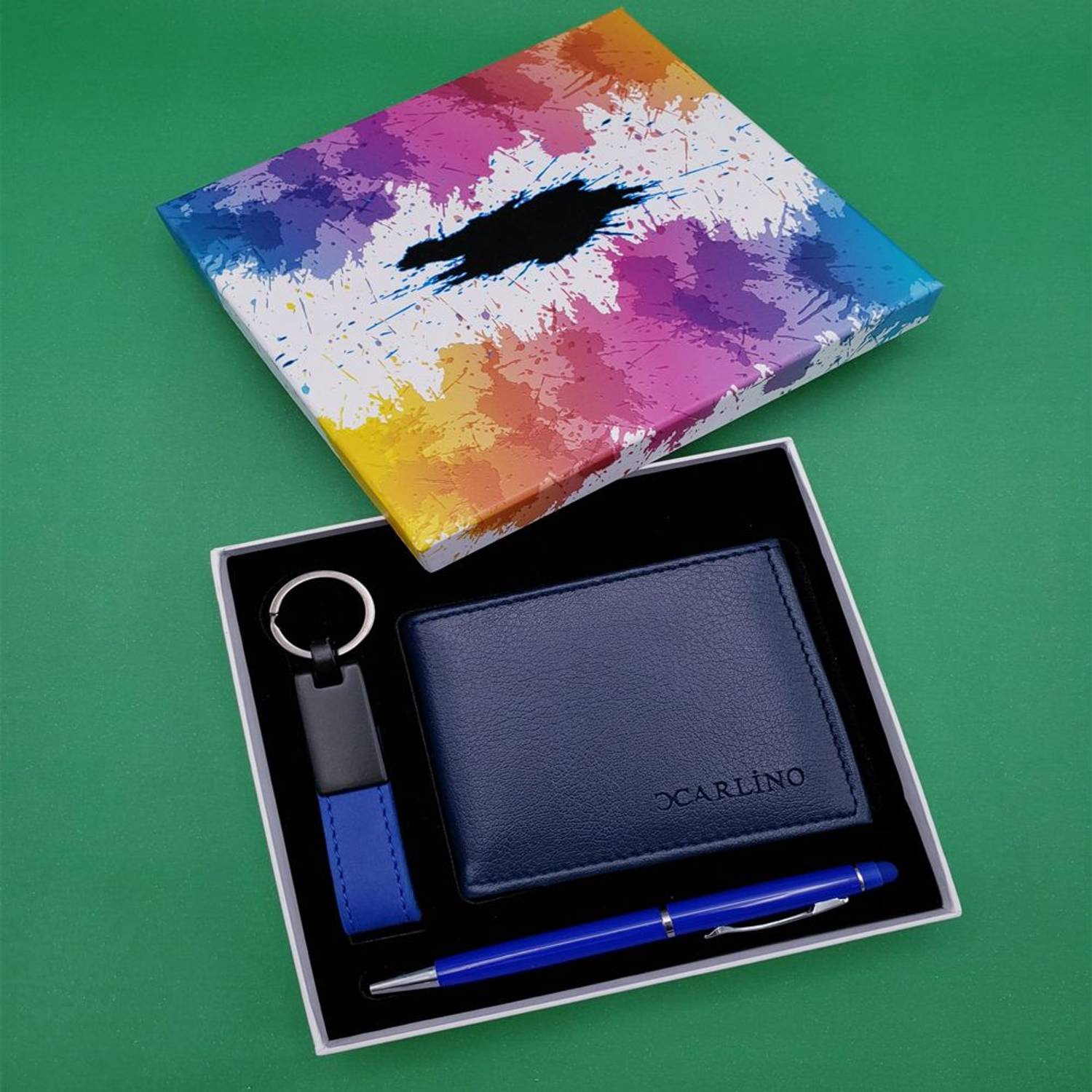 طقم حامل مفاتيح ومحفظة زرقاء مع قلم معدني لمسة، مثالي للتنظيم مع تصميم أنيق وعملي 