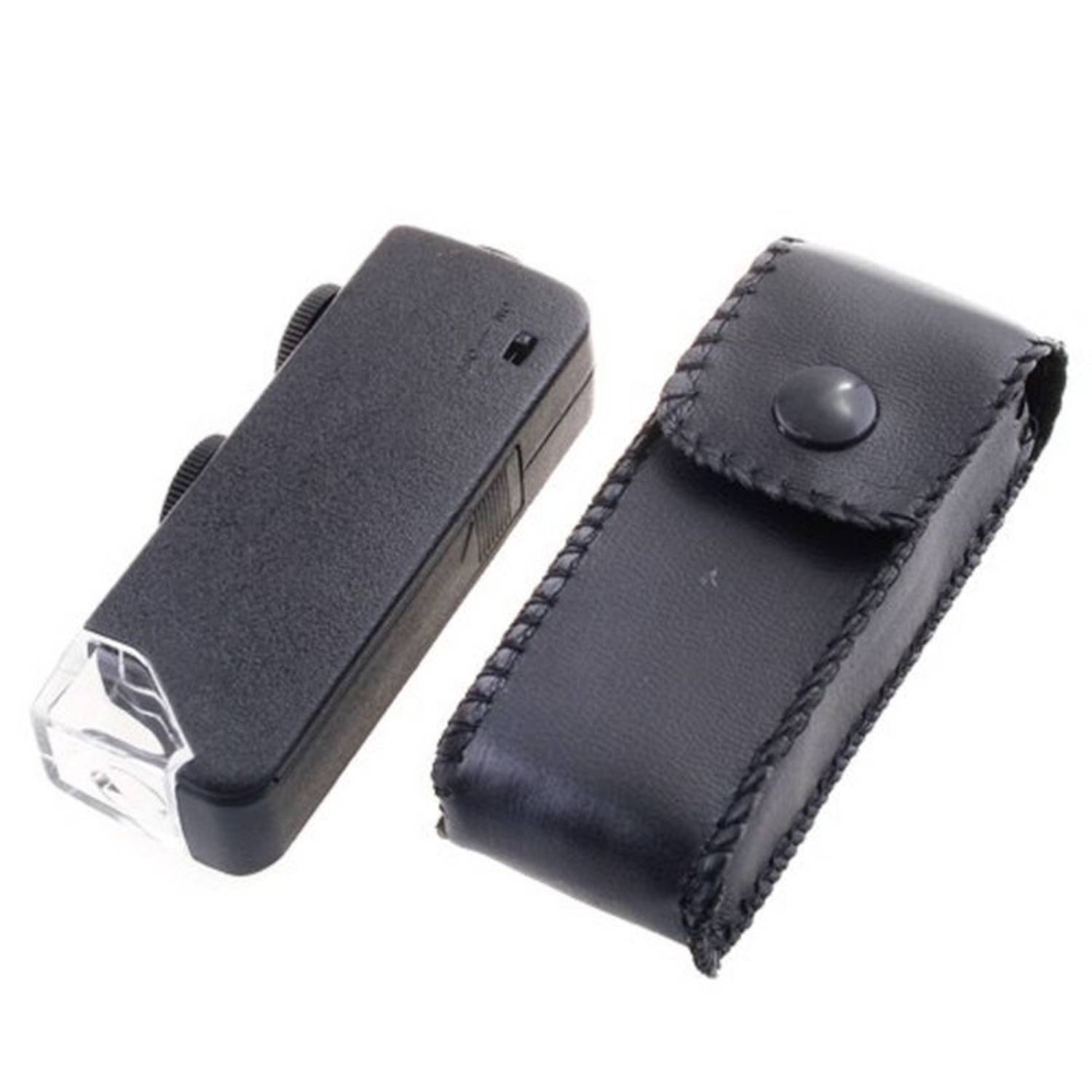 Миниатюрная линза-микроскоп с увеличением 60x-100x, LED подсветка, длина 8,5 см, ширина 3 см, работает на 3 AAA батарейках