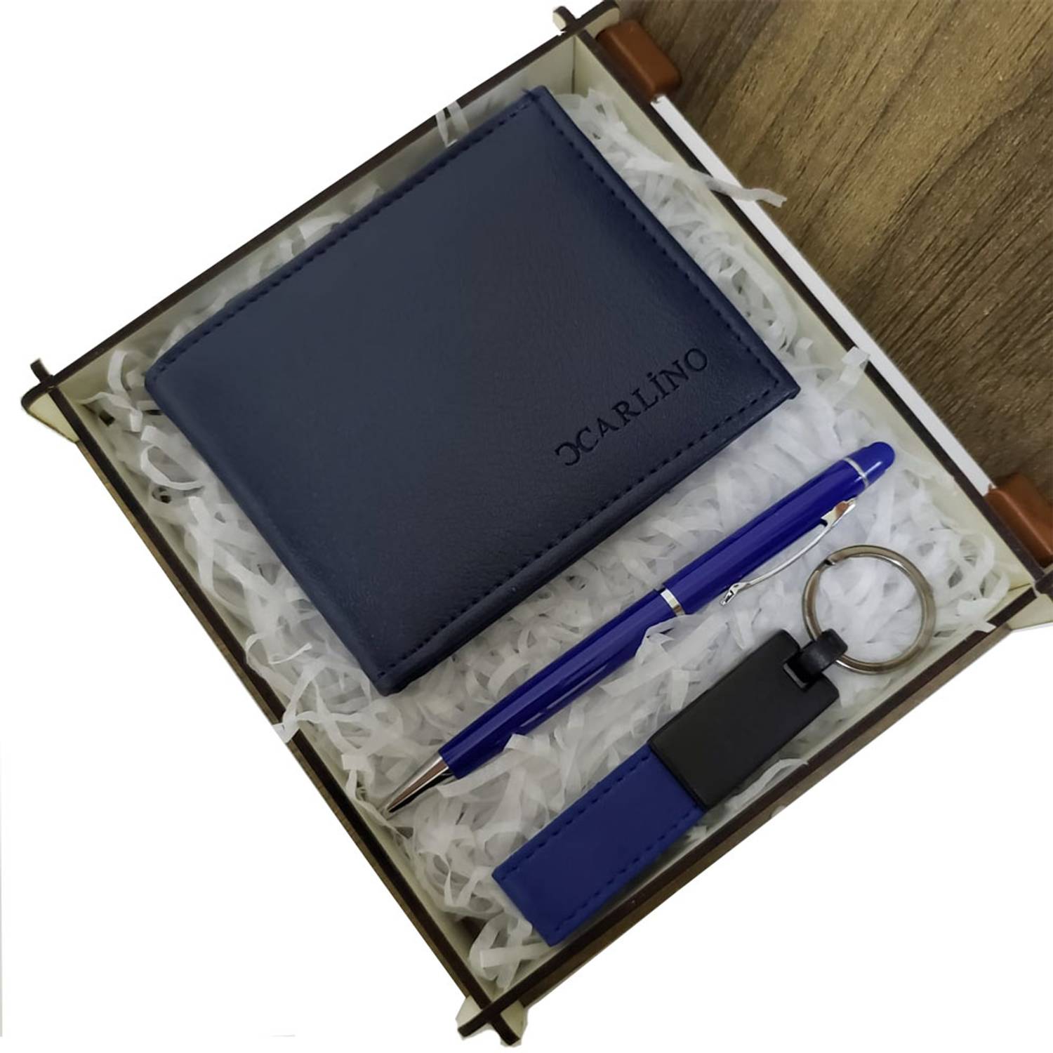 Набір синього гаманця, ручки та шкіряного синього брелка для ключів для чоловіків, стильний подарунок з можливістю персоналізації