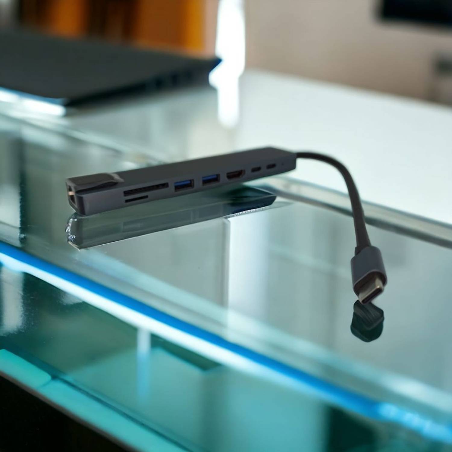 USB Hub 3.0 8 в 1 - металевий, 8 портів, USB Type-C, кардрідер для Micro SD та SD карт, HDMI, RJ-45 Ethernet, USB 3.0, довжина шнура 16 см