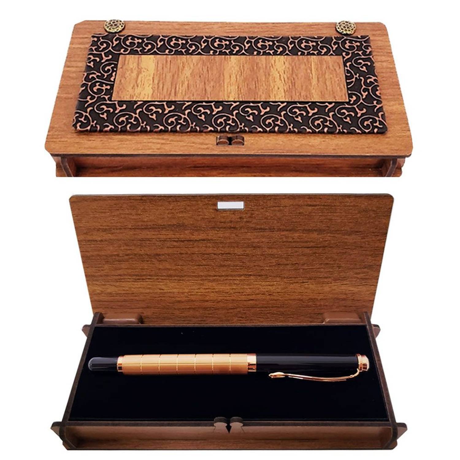 قلم رولر فاخر مع علبة خشبية جلدية مصنوعة من مواد عالية الجودة، قلم معدني ملمسه ناعم وأنيق الحجم ١٤ سم