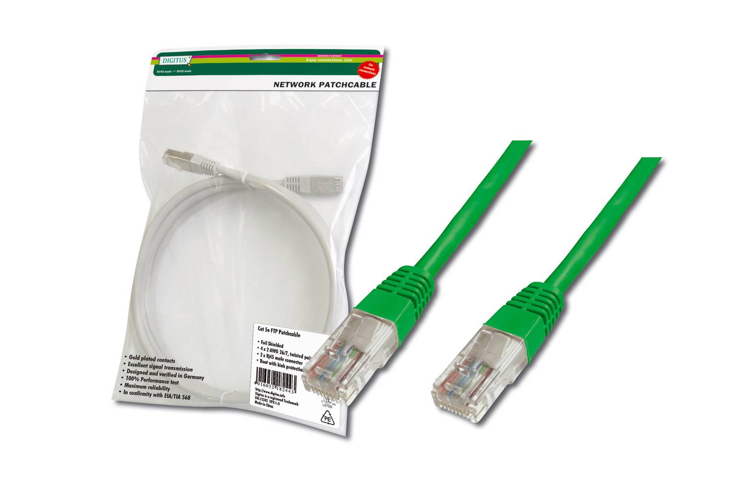 Digitus Patch Kablo, UTP, CAT. 5E, 5 metre, AWG 26/7, Yeşil Renk,