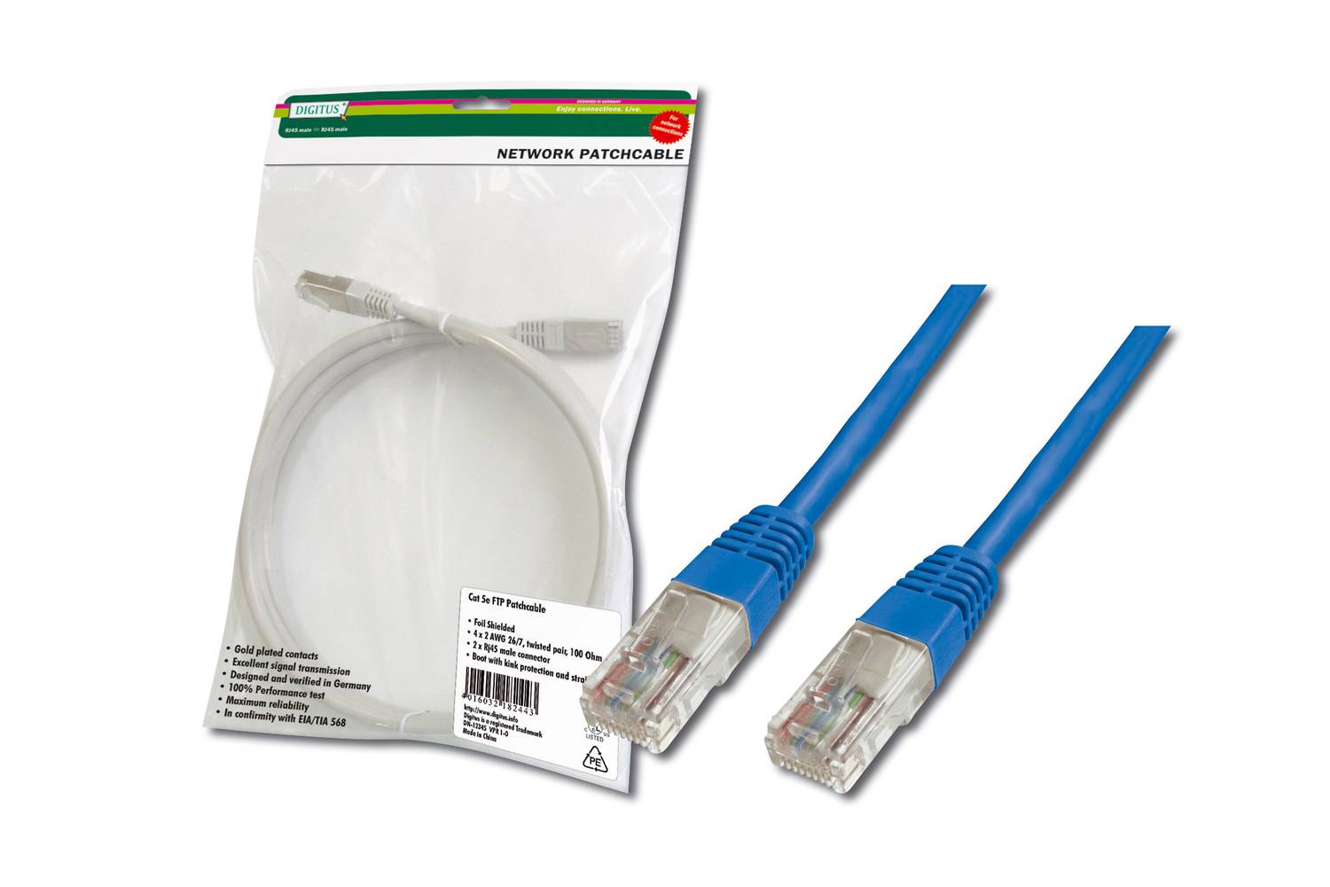 Digitus 2 Meter Unshielded Cat5e UTP Patch Cord Blue with Kink Protection and Strain Relief, 4x2 AWG 26/7, Dual RJ45 Connectors