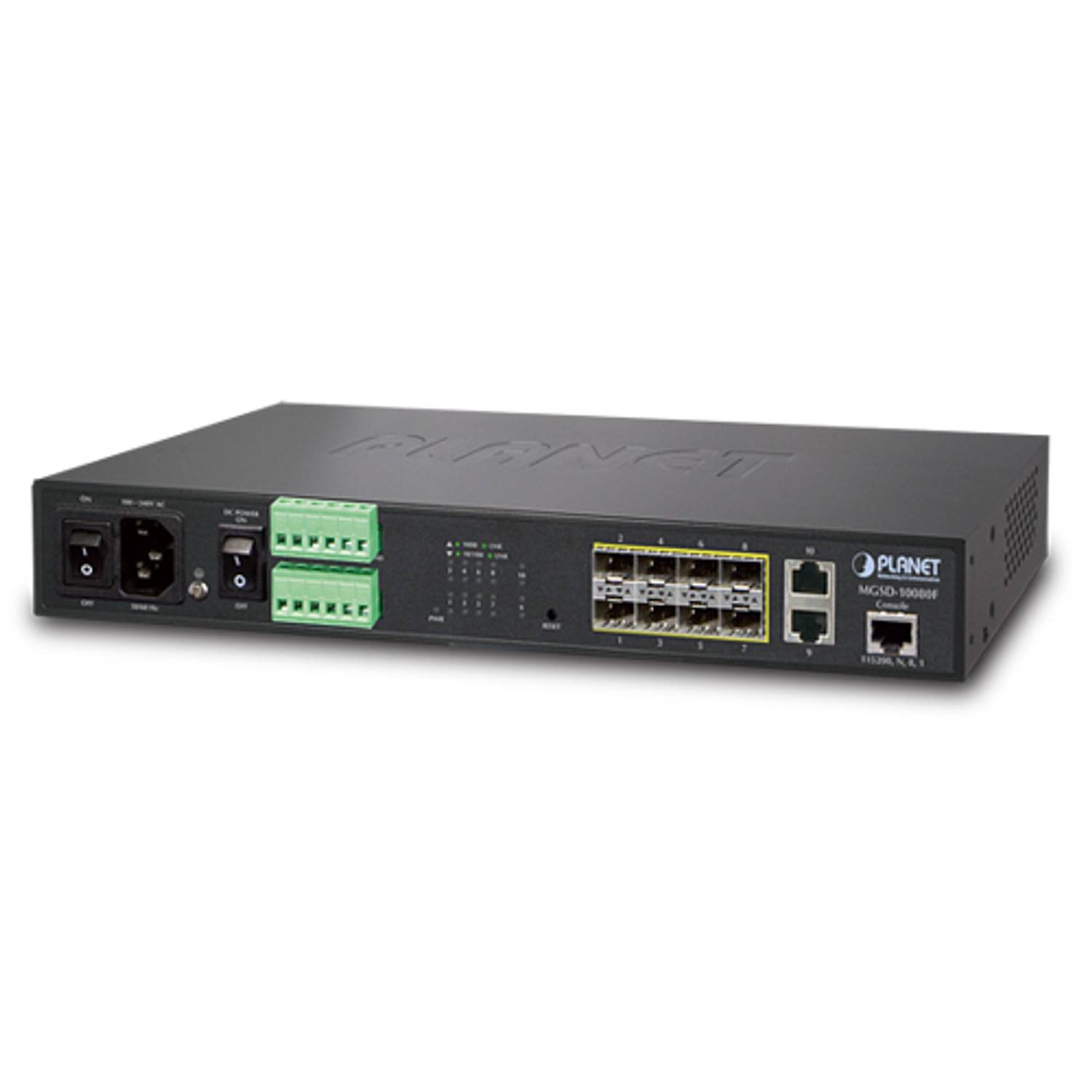 Managed Metro Ethernet Switch 8-Port 1000BASE-SX/LX/BX SFP/mini-GBIC, 2-Port 10/100/1000Base-T, Console Port, Operating Temp 10~60°C