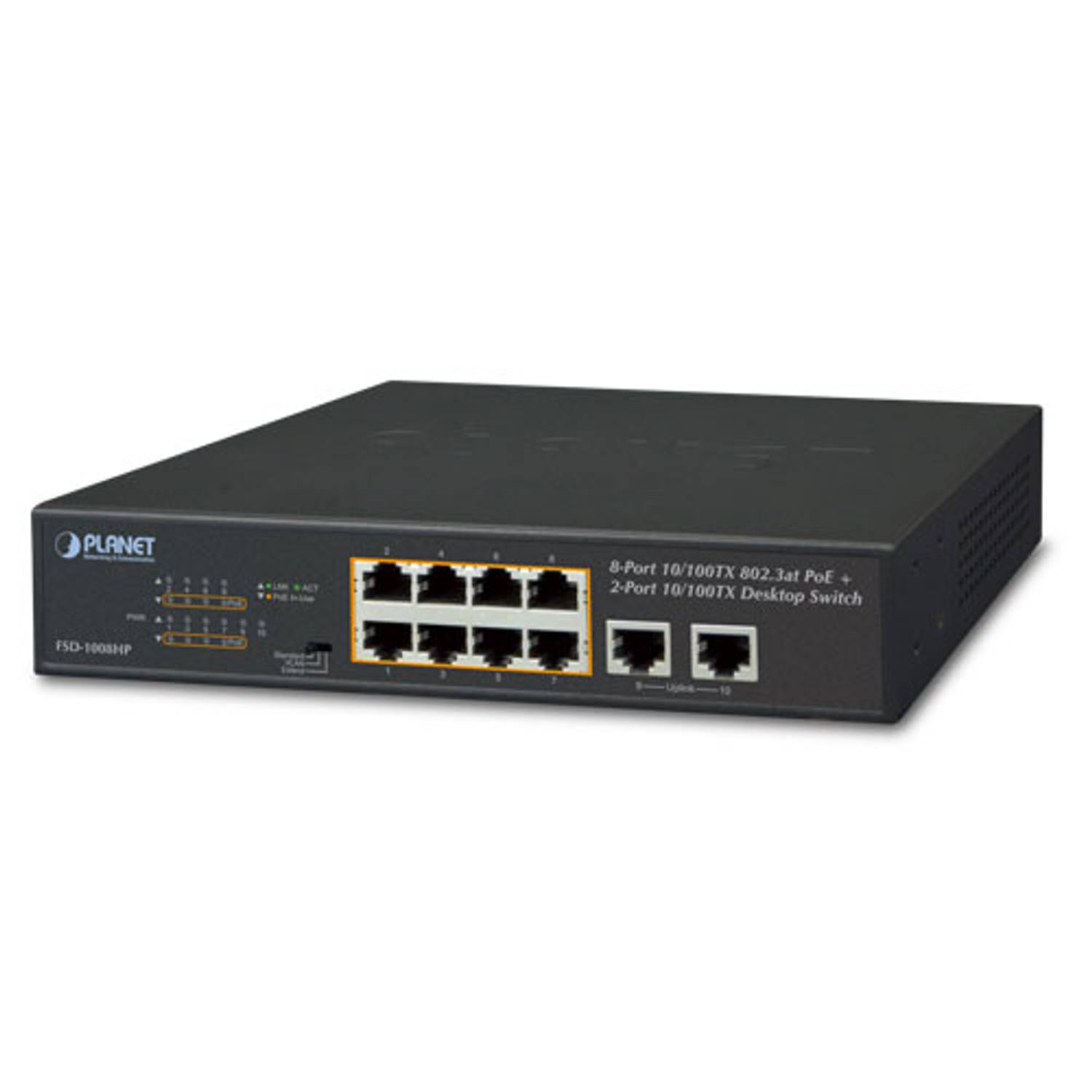 10-Port Desktop Switch with 8-Port PoE Injector, IEEE 802.3at, 30W per Port, Auto-Negotiation, Fanless Design, Ideal for Energy-Efficient Networking