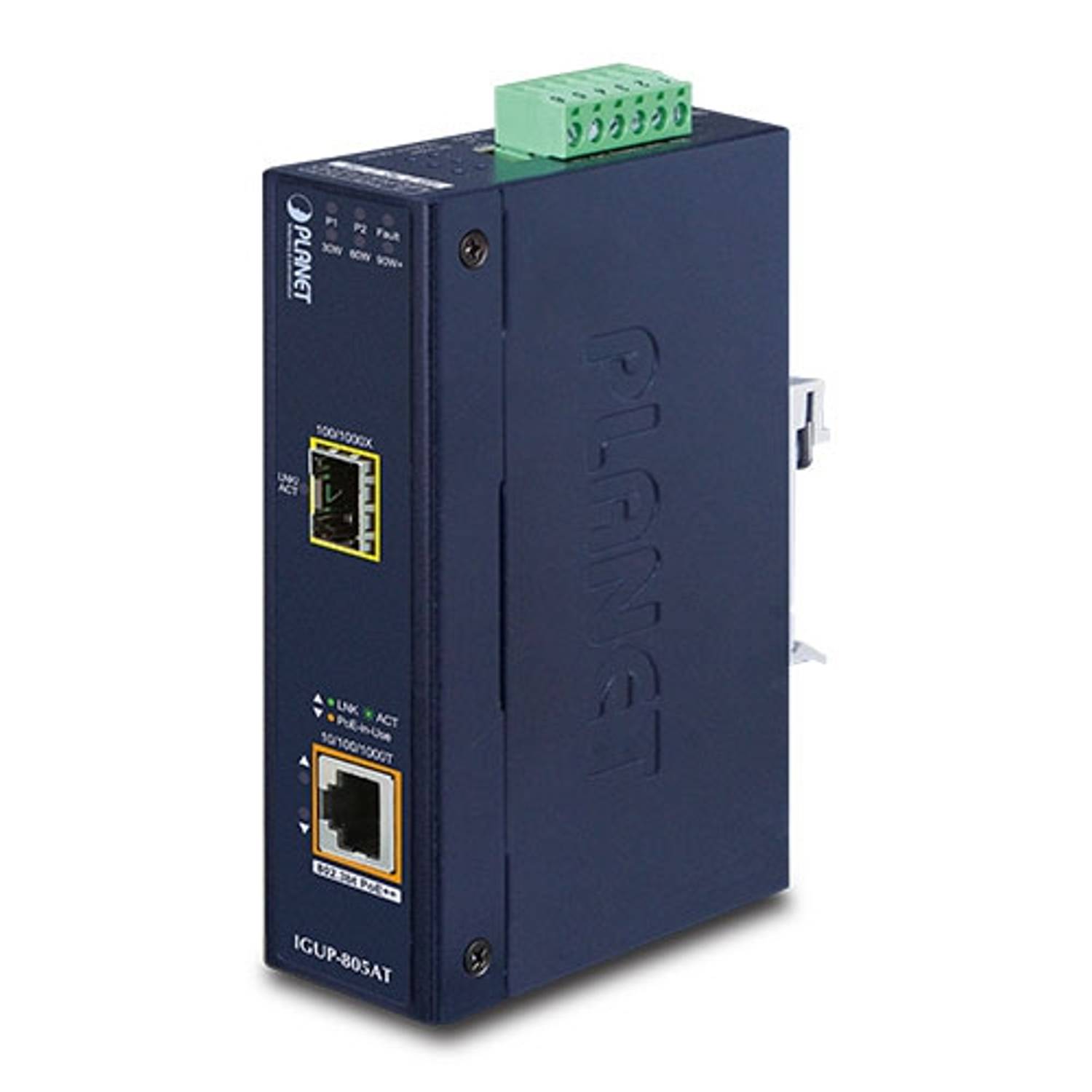 Endüstriyel 1-Port 100/1000X SFP <-> 1-Port 10/100/1000T 802.3bt PoE++ Media Converter<br>Industrial 1-Port 100/1000X SFP to 1-Port 10/100/1000T 802.3bt PoE++ Media Converter