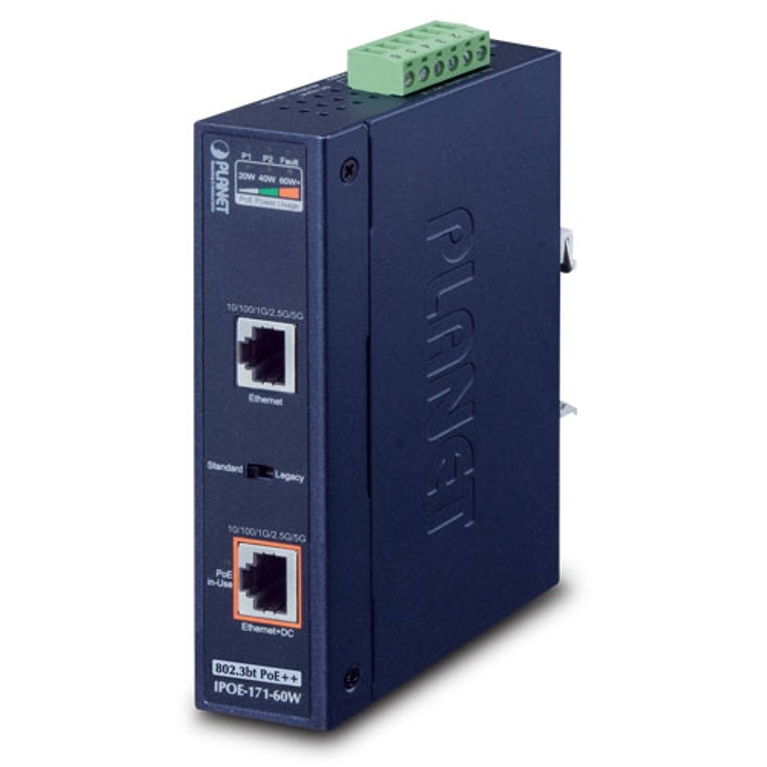 Endüstriyel Tip Tek Port Multi-Gigabit 802.3bt PoE++ Injector (95 Watt, -40~75 derece C, 12~48V DC)<br>Industrial Single-Port Multi-Gigabit 802.3bt PoE++ Injector (95 Watts, -40~75 degrees C, 12~48V DC)
