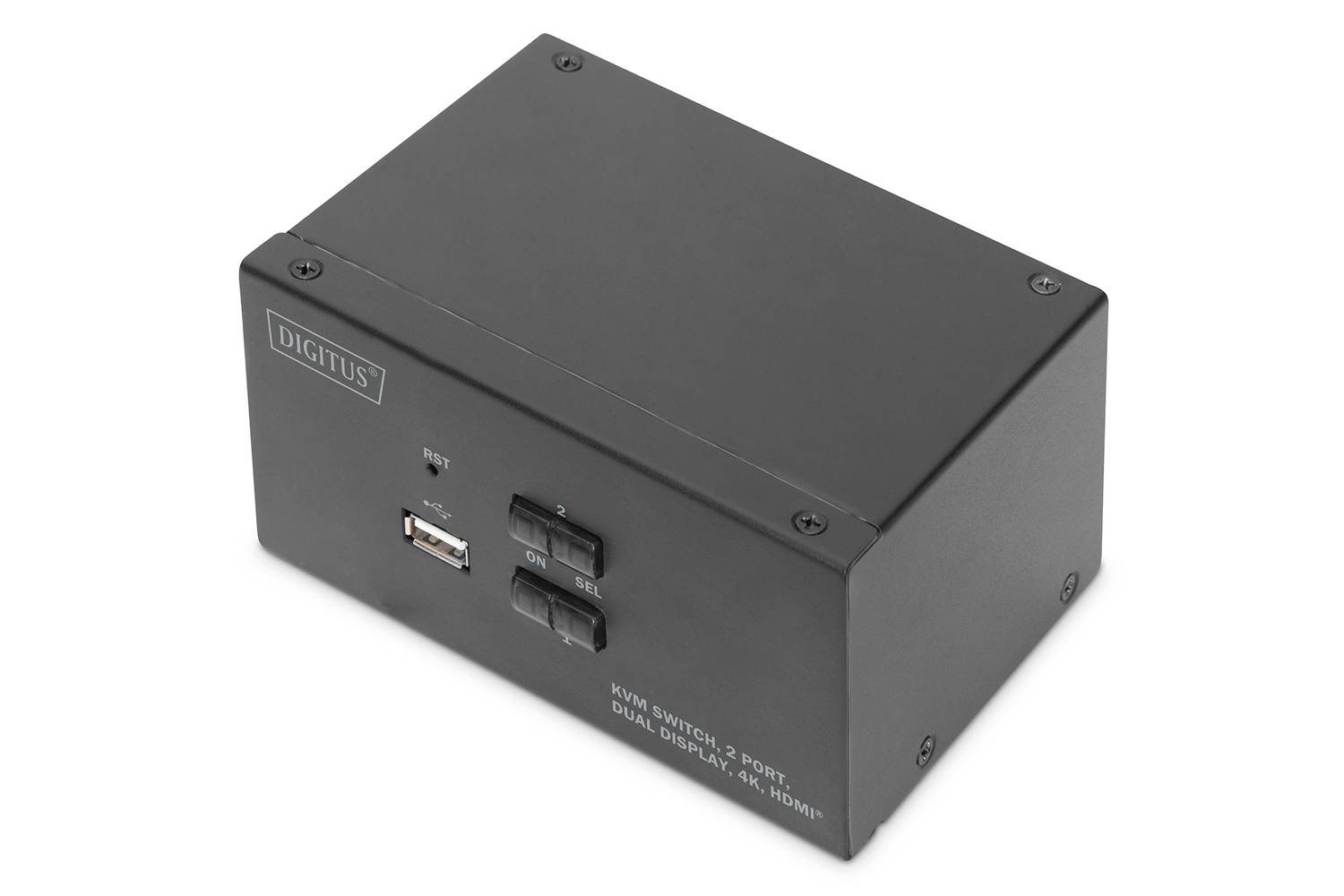 Коммутатор KVM DIGITUS, 2 порта, двойной дисплей, 4K, HDMI, поддержка Dolby True HD, USB 2.0, алюминиевый корпус, размеры 13,2 x 9,2 x 6,6 см