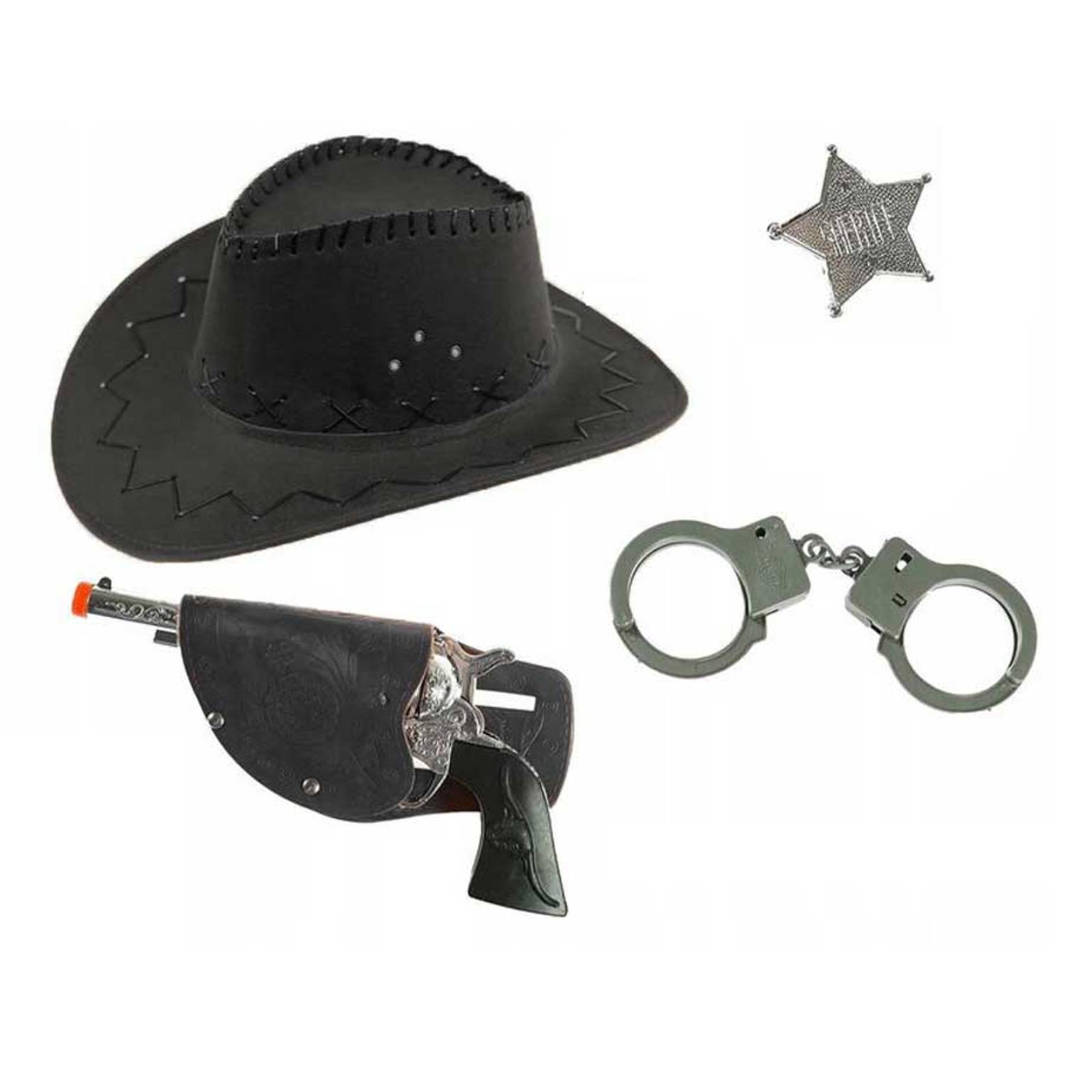 Комплект з 4 частин: чорний ковбойський капелюх, іграшковий пістолет, значок і кайданки для хлопчиків