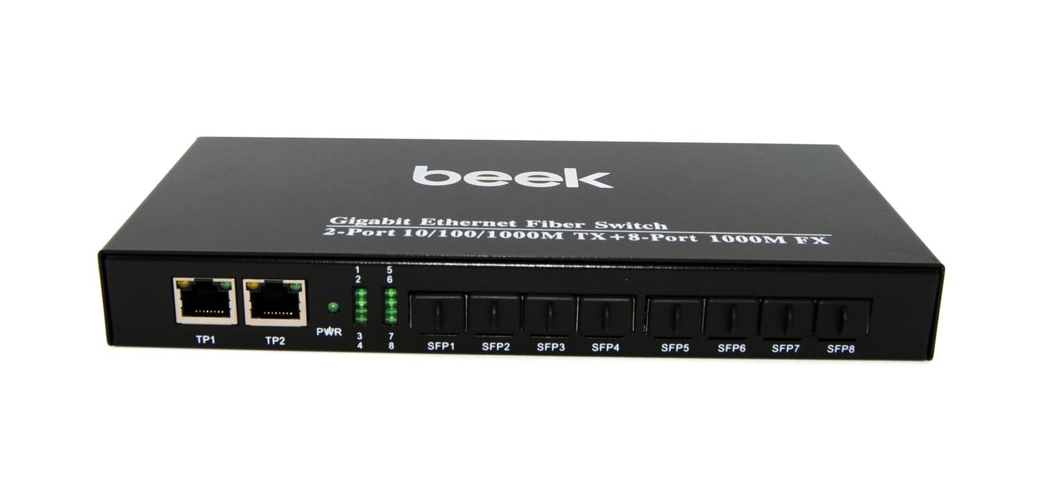 Beek Yönetilemeyen Gigabit Fiber Switch&lt;br&gt;8 x 1000Base-X SFP yuva&lt;br&gt;2 x 10/100/1000Mbps port&lt;br&gt;Fansız&lt;br&gt;Beek 8 port 1000M SFP Fiber Ethernet Switch with 2G Port