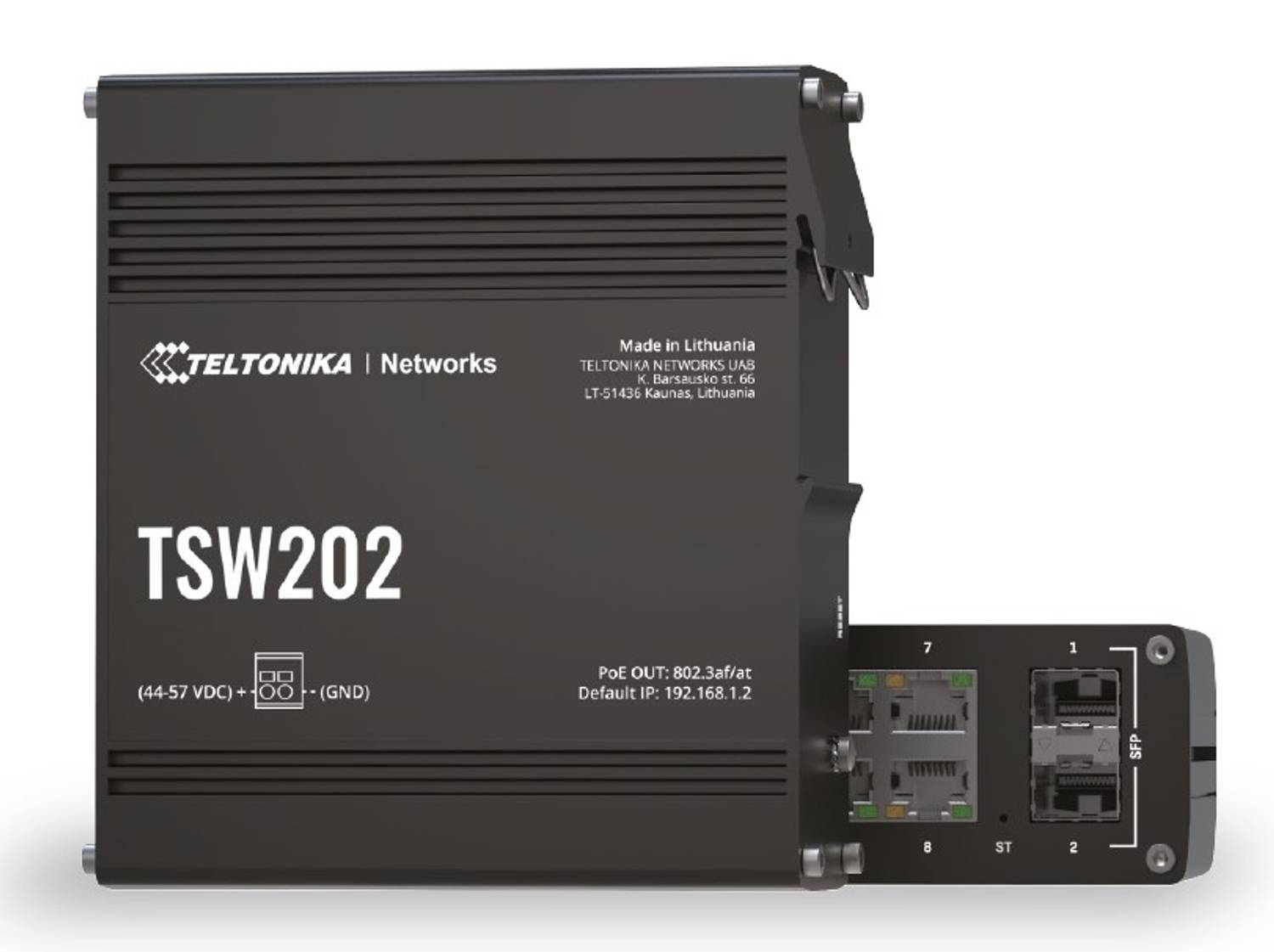 Управляемый промышленный PoE+ коммутатор, 8 портов 10/100/1000BaseT PoE+ (30W), 2 слота 1 Gbps SFP, диапазон входного напряжения 7-57 VDC, бюджет PoE 240 W