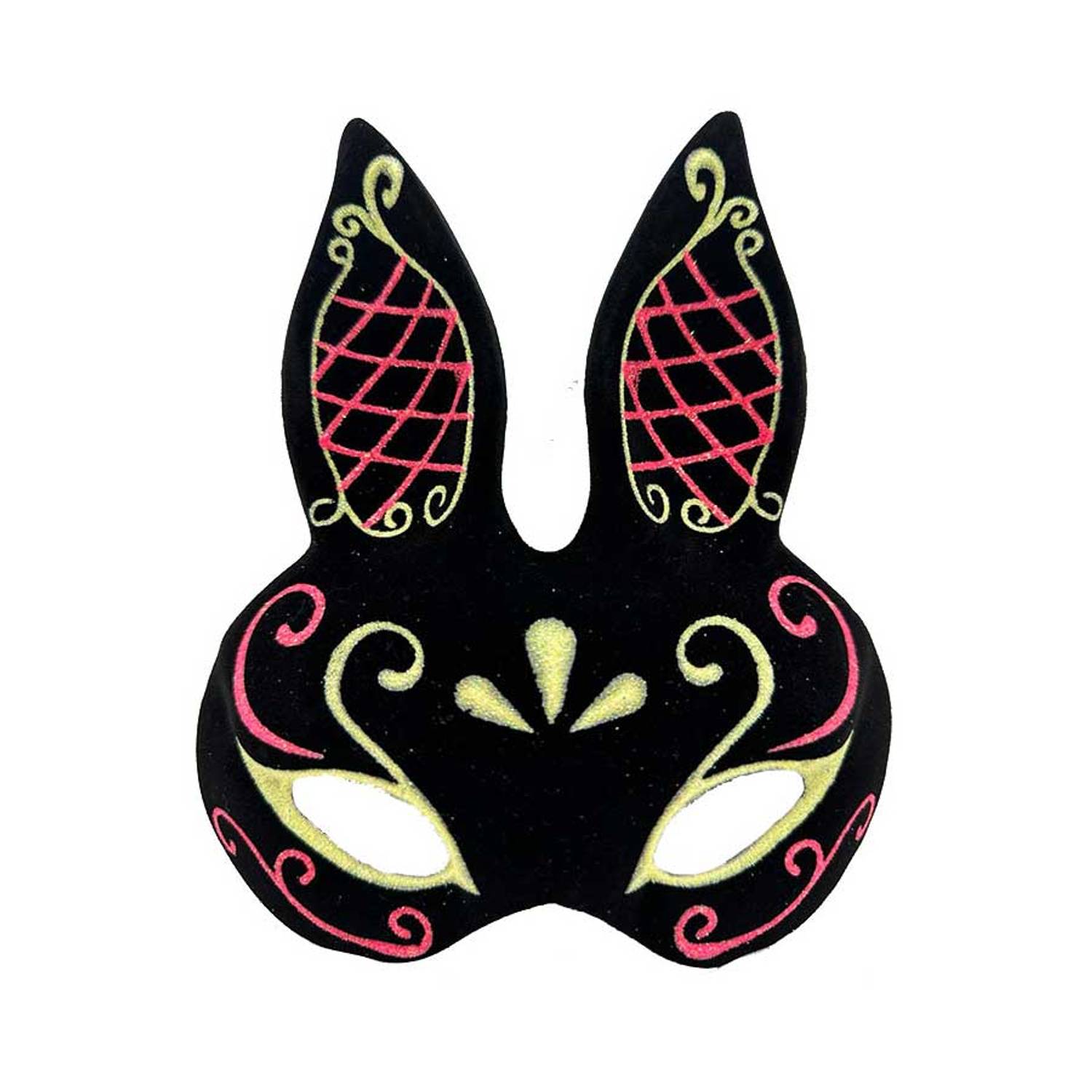 Чорна оксамитова маска вушка з червоно-золотою блискіткою 18x16 см для дітей