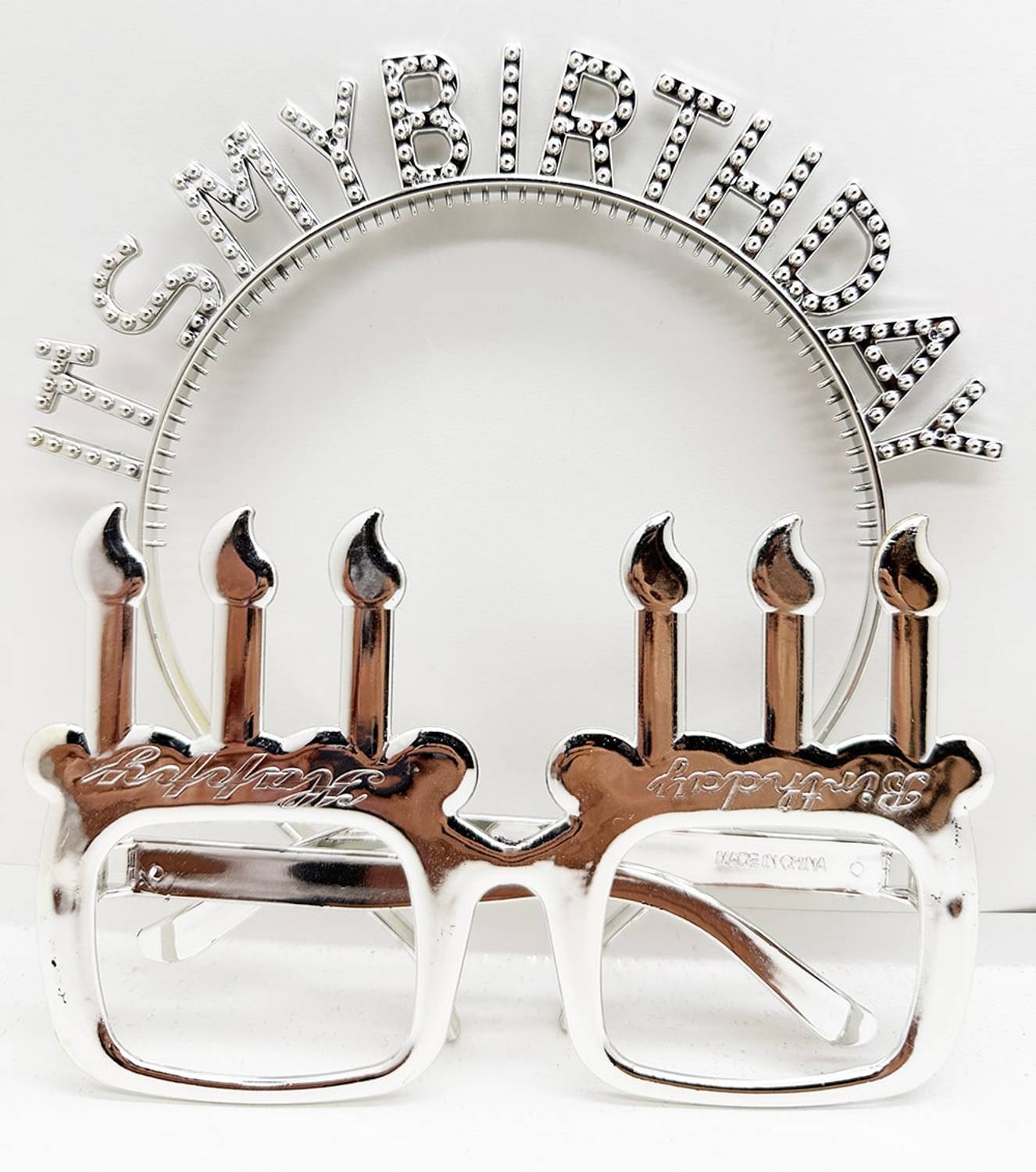 Сет з короною з написом "It's My Birthday" та окулярами у формі свічок, срібний колір, ідеально для святкування днів народження та особливих подій