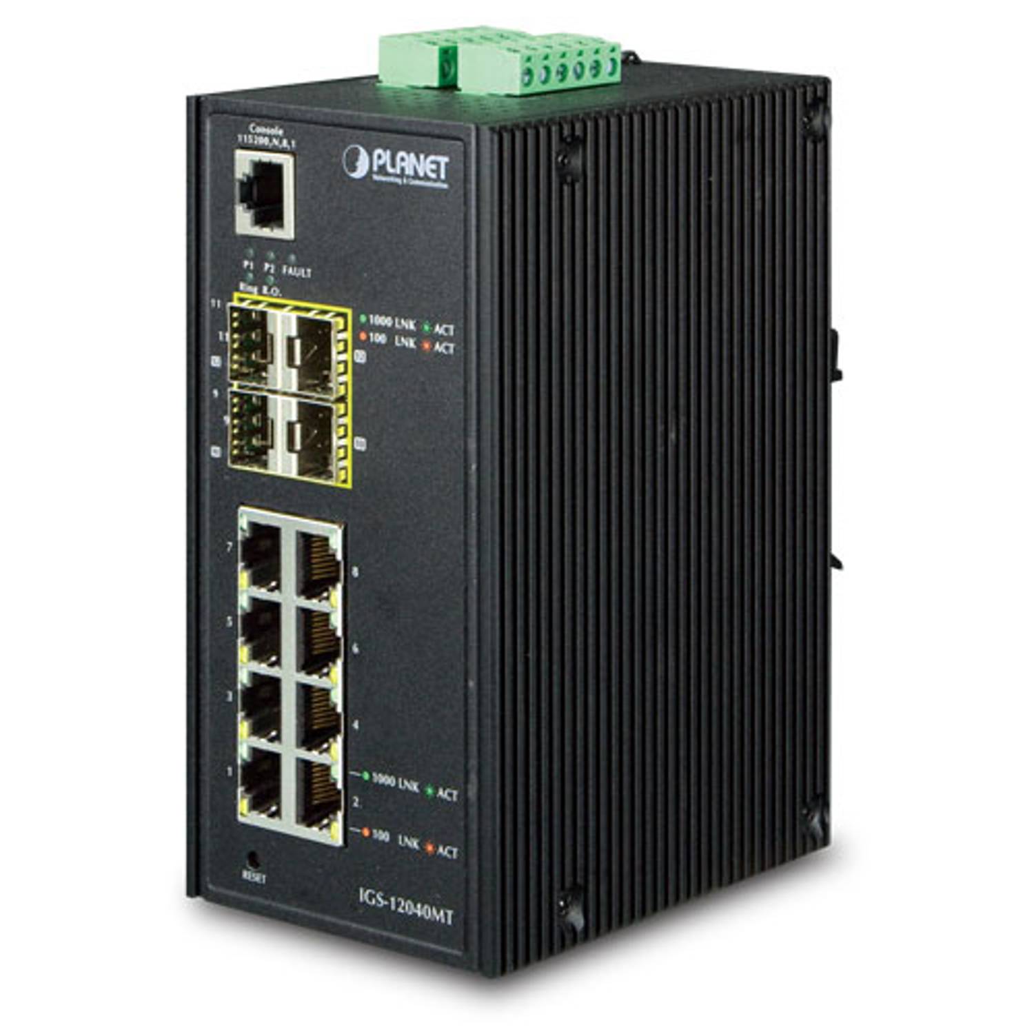 Industrial Managed Switch with 8 x 10/100/1000Mbps Ports, 4 SFP Slots, IP30 Aluminum Case, Wide Operating Temp Range -40 to 75°C, Dual Power Input