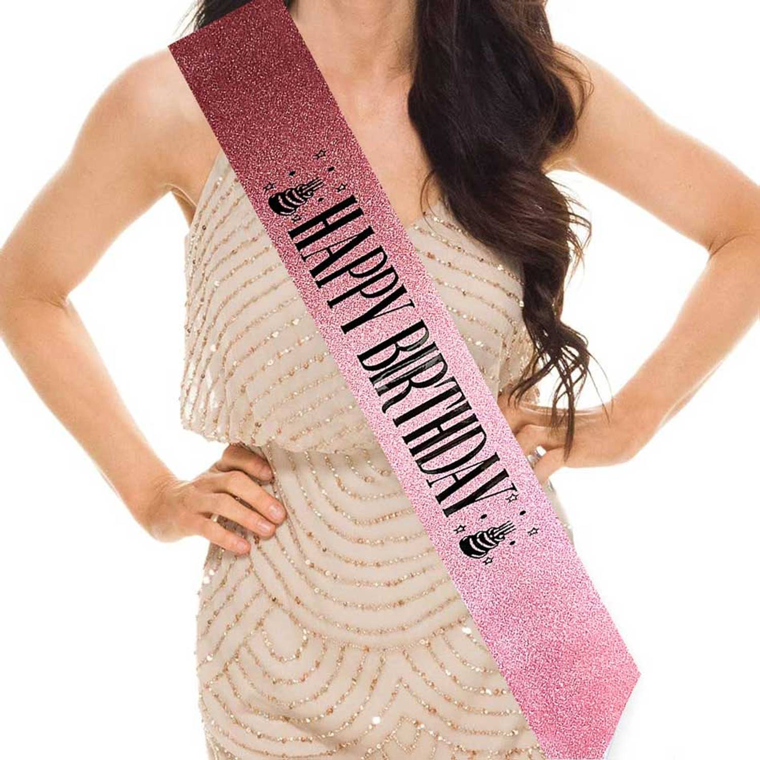 Рожевий пояс з чорним написом "Happy Birthday", стразами та блискучим дизайном, ширина 10 см