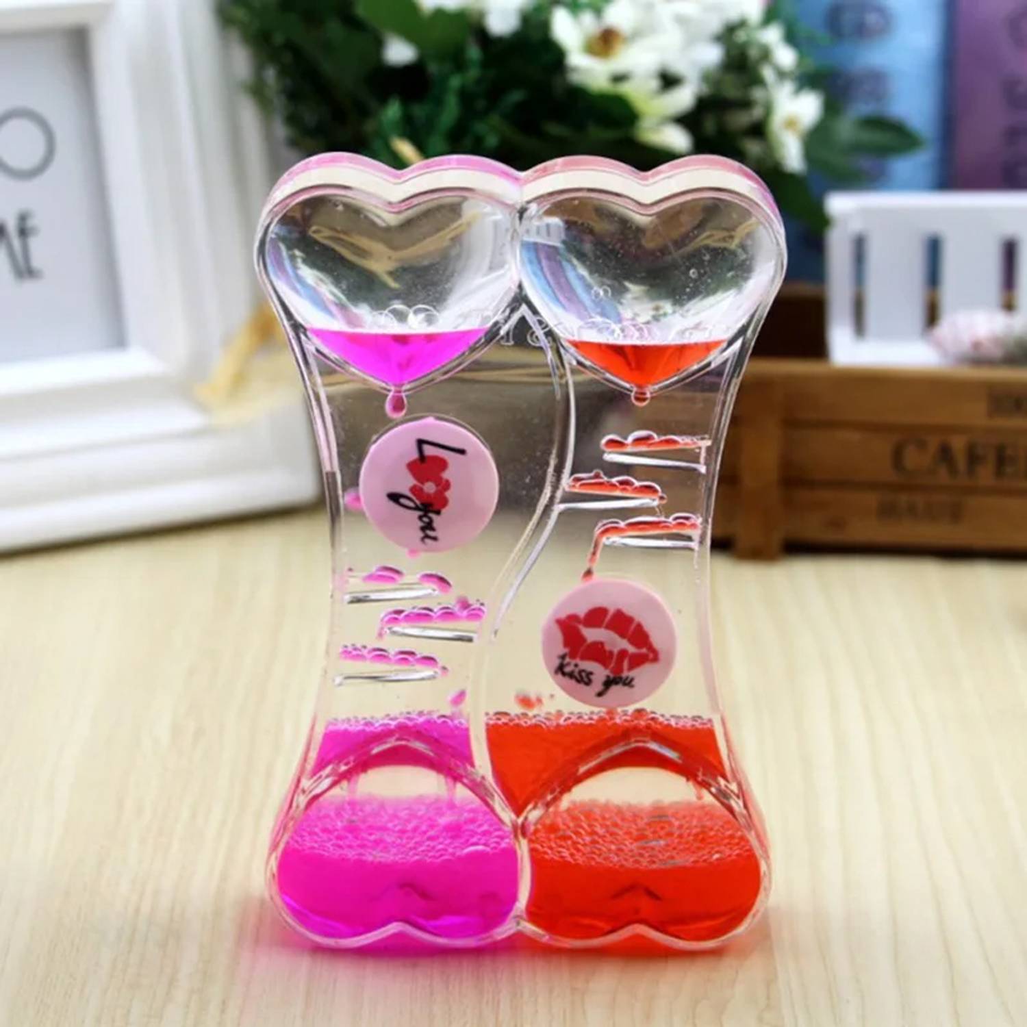 Декоративний гелевий пісочний годинник із якісного пластику, стильний дизайн, двостороннє використання, рожевий та червоний кольори, 14x9x3.5 см