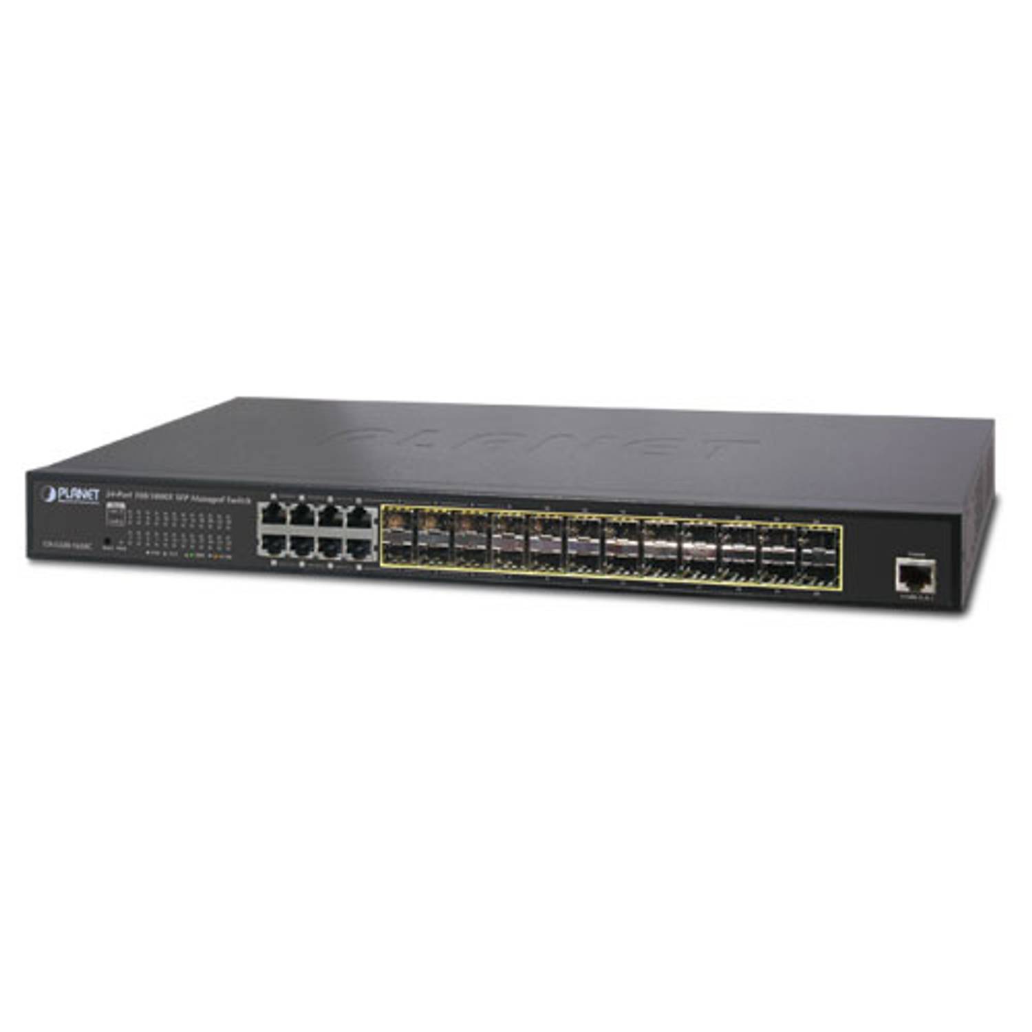 L2+ Yönetilebilir Switch (L2+ Managed Switch)<br>24-Port 100/1000Base-X mini-GBIC/SFP yuva<br>8-port 10/100/1000Base-T (Port-1 ile Port-8 paylaşımlı)<br>1 x Konsol port<br>Redundant AC/DC Power