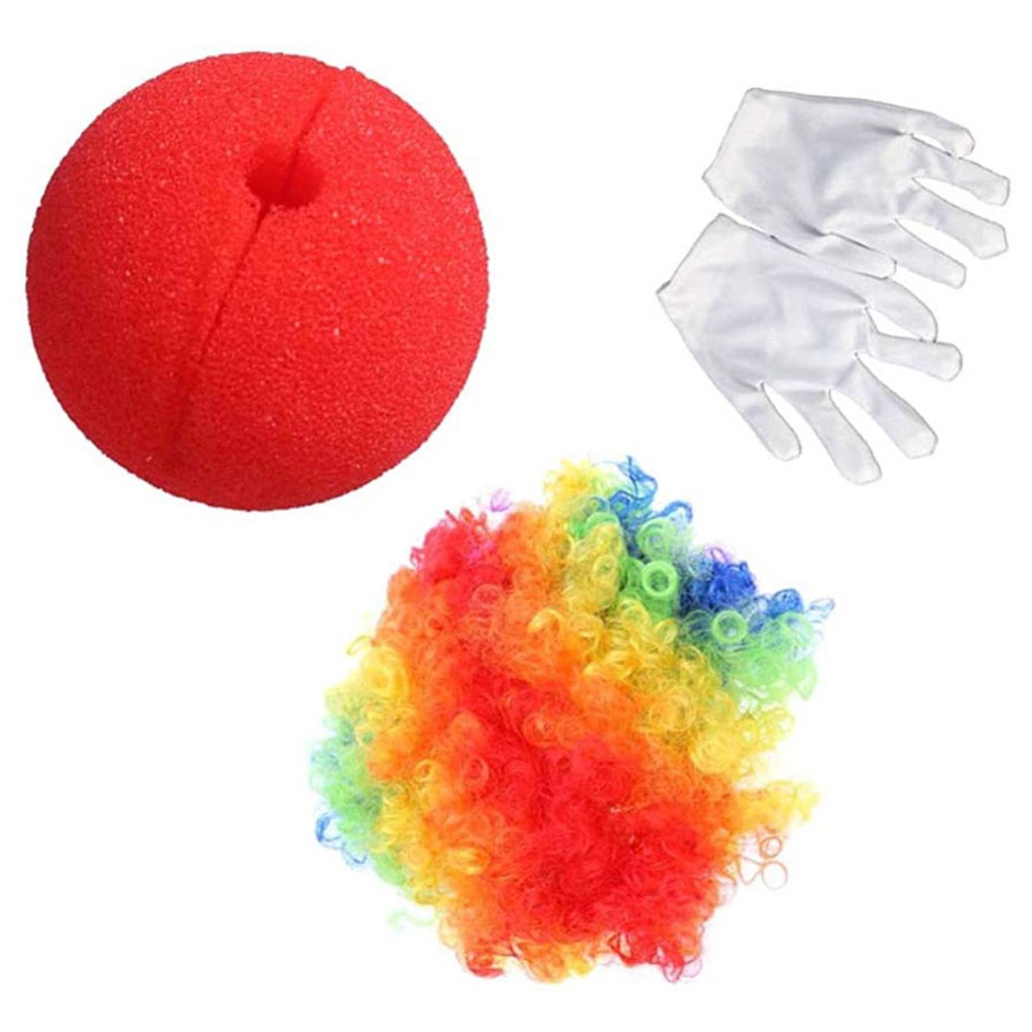 Яскравий набір для клоуна: афро перука, червоний спінений ніс та білі рукавички для дітей та дорослих