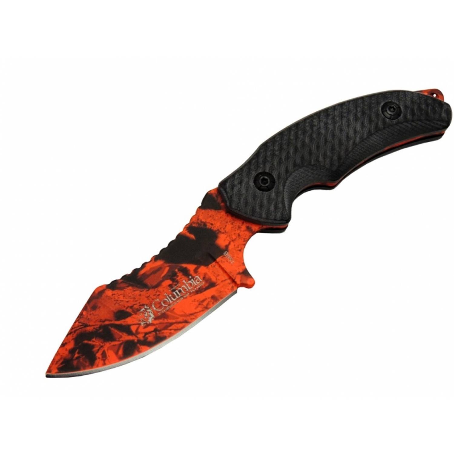 Ніждля кемпінгу Columbia 156B з помаранчевим дизайном, 19 см, дамасковане лезо, ергономічна ручка, зручний чохол для безпечного зберігання