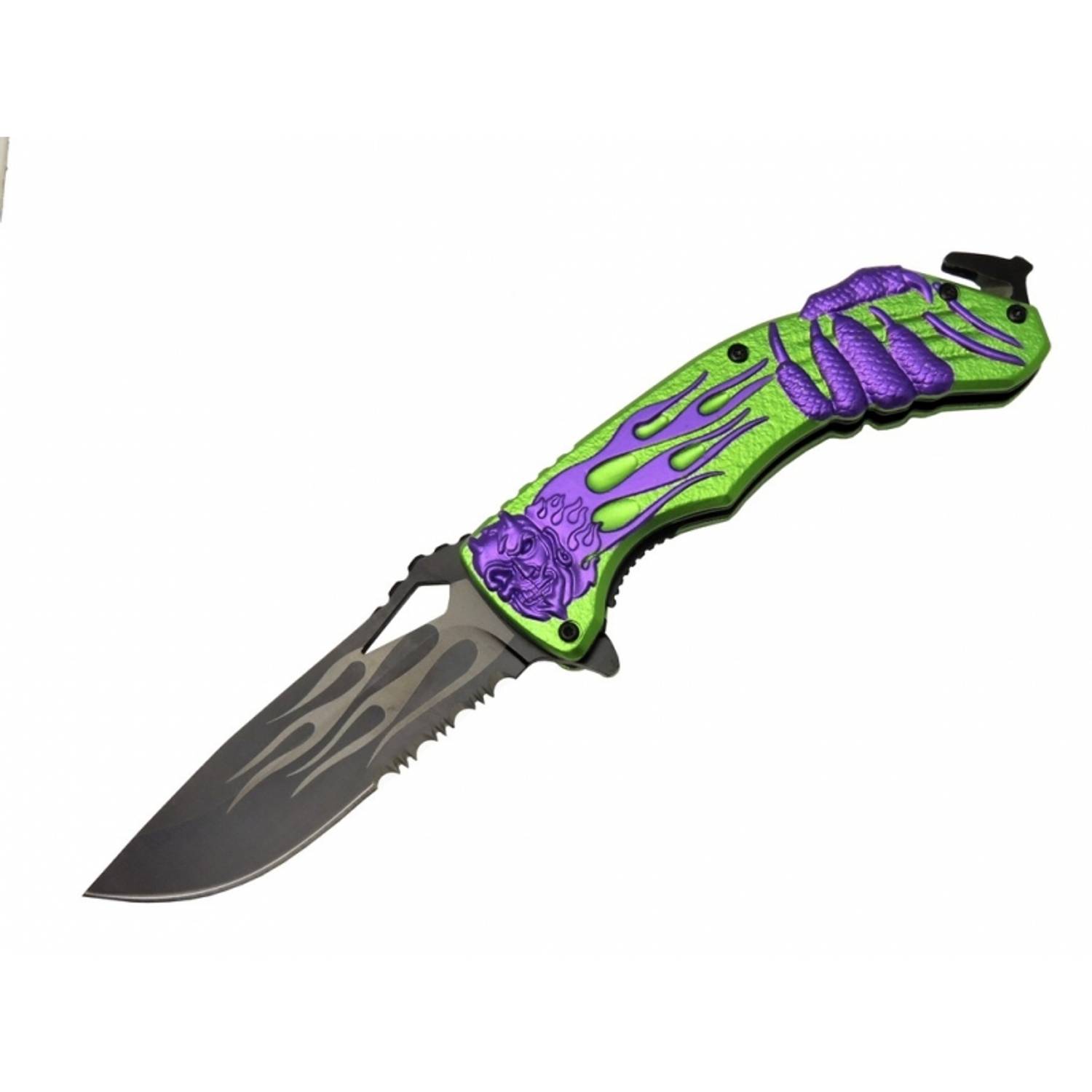 سكين لانهامارك MX20B الخارجية 22 سم - مقبض معدني أخضر، آلي، مع خاصية قطع الحبال