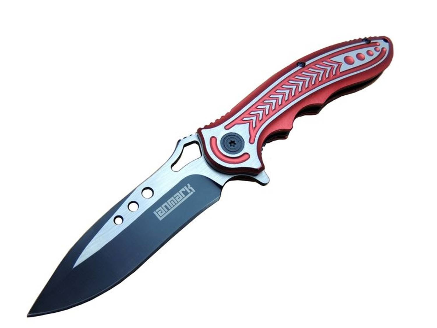 Автоматический кемпинг-нож Lanmark RD T60A 20 см с красной ручкой, нержавеющая сталь, эргономичный дизайн, удобно носить в чехле